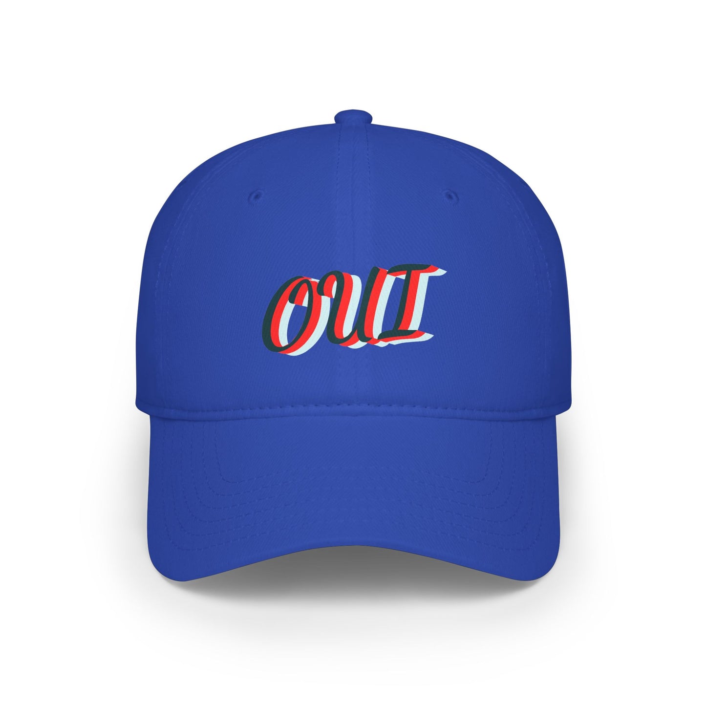 Blue cap with 'OUT' text in red and white on a white background