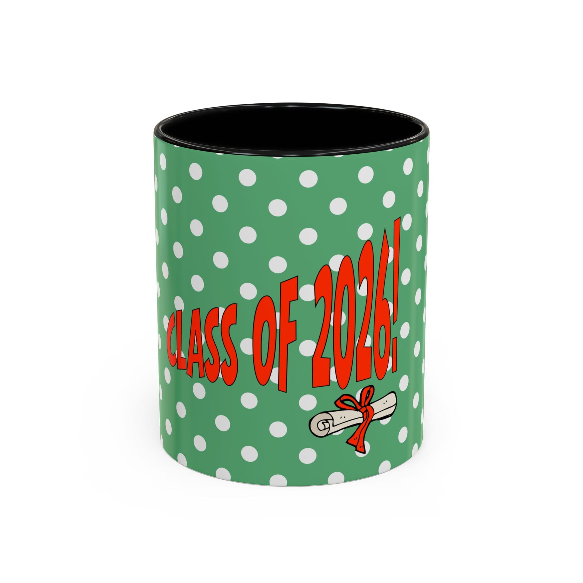 Green mug with white polka dots and red text 'Class of 2026' on a white background