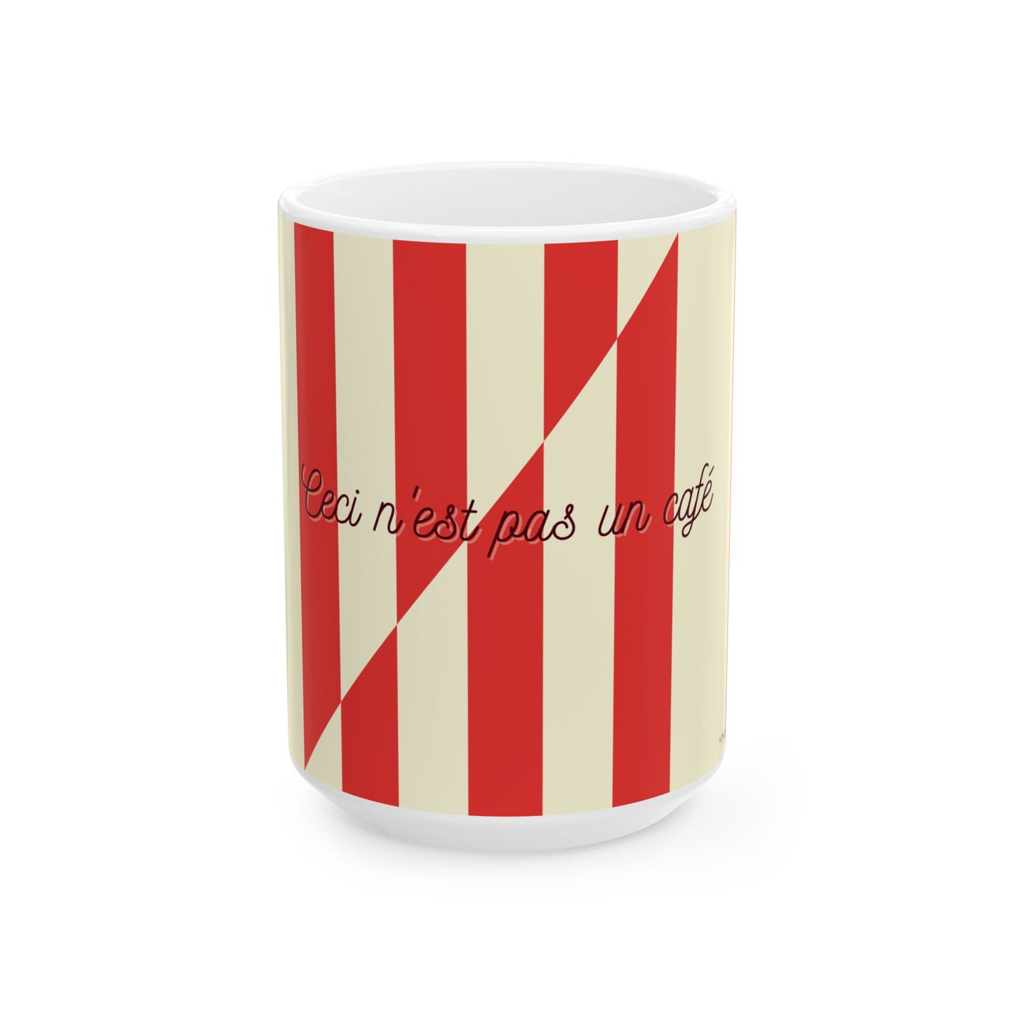 Mug with red and beige striped pattern and text on a white background
