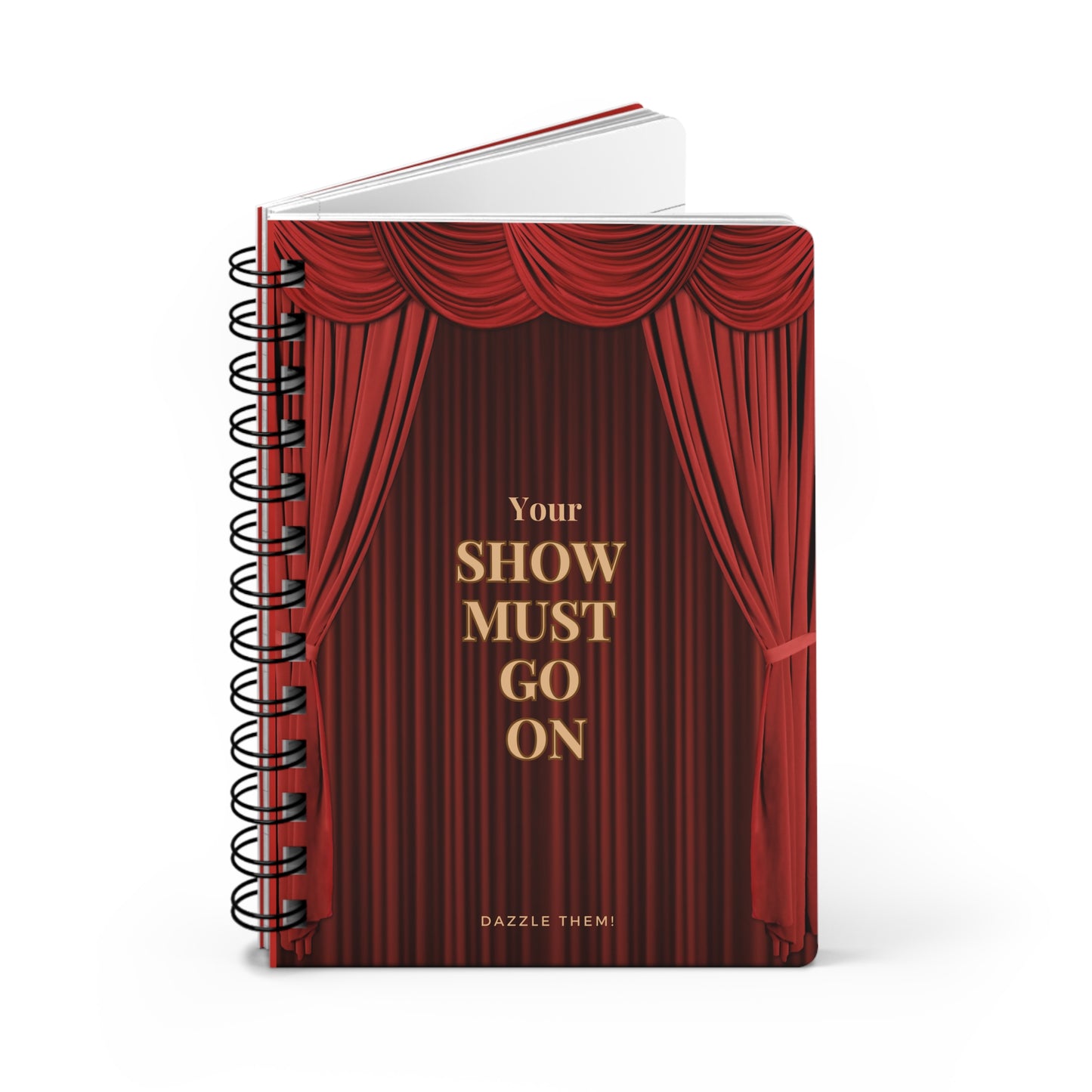 Notebook with red curtain design and 'Your Show Must Go On' text on a white background