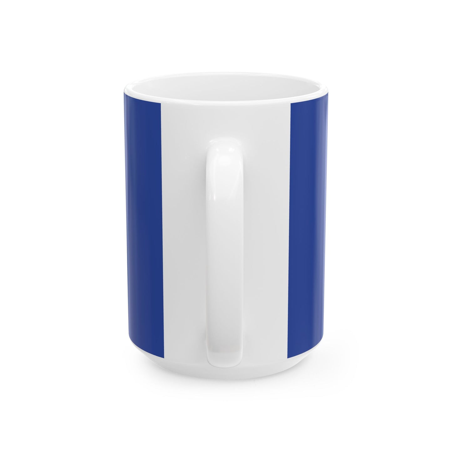 A white ceramic mug with two vertical royal blue stripes on the sides, shown from a three-quarter angle on a clean white background.