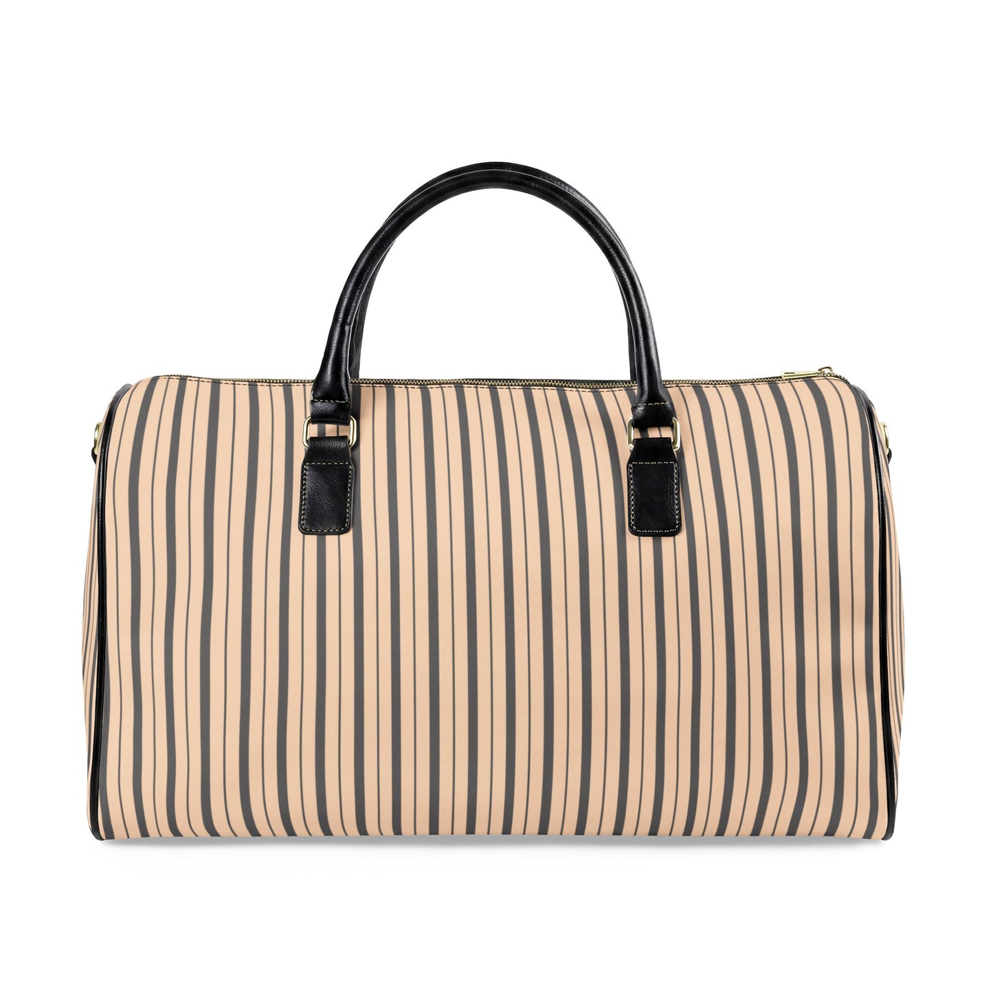 Modern Preppy Leather Travel Bag, BON VOYAGE – Grey/Tan Striped Weekender Duffle