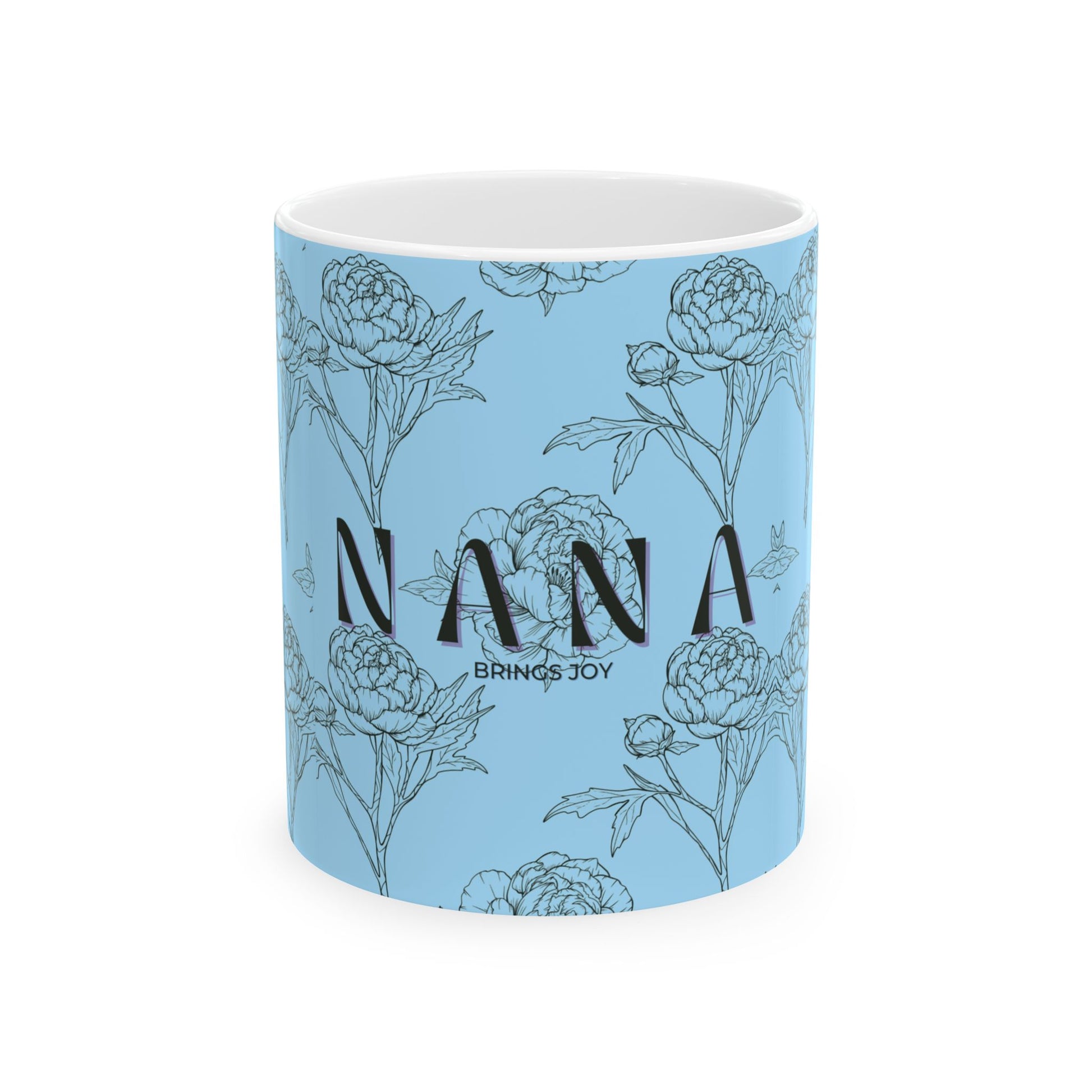 Mug with floral design and 'Nana Brings Joy' text on a light blue background