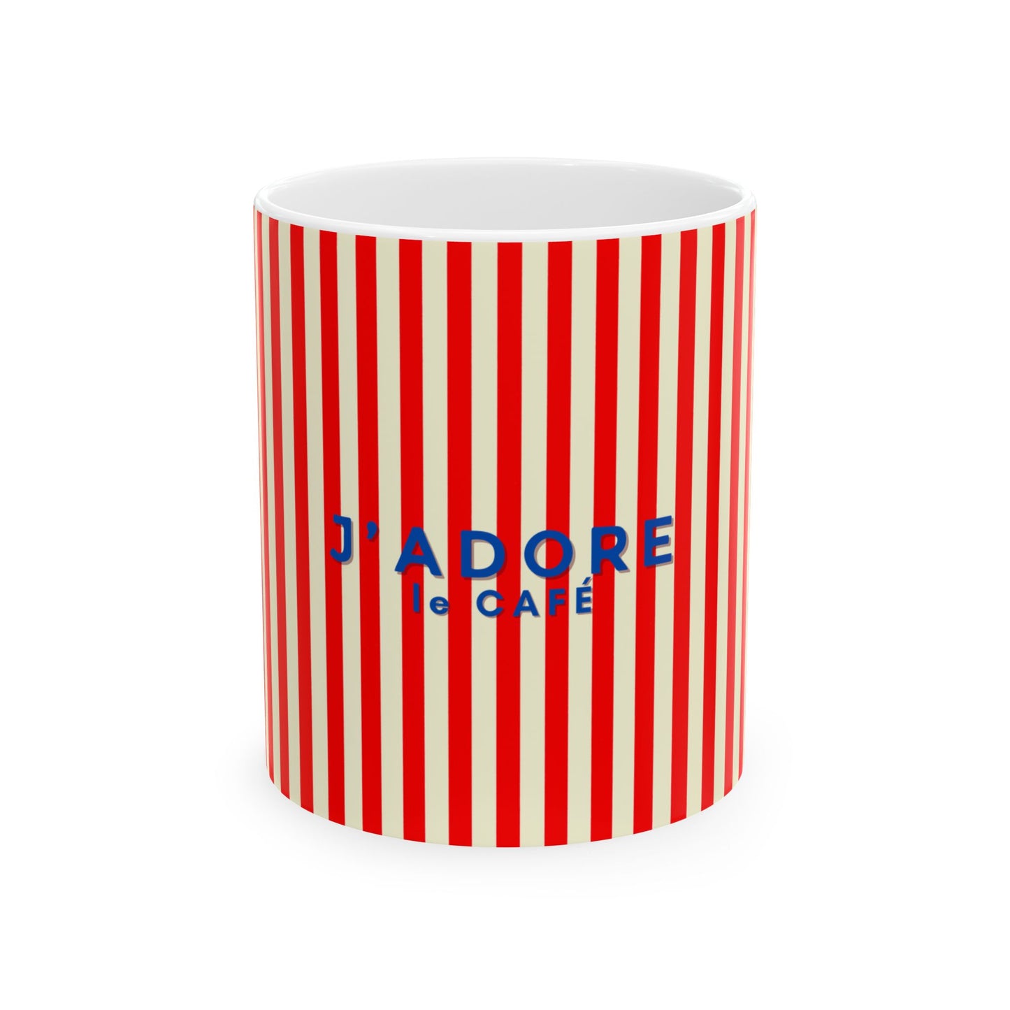 Mug with red and white striped pattern and 'J'adore le Cafe' text on a white background