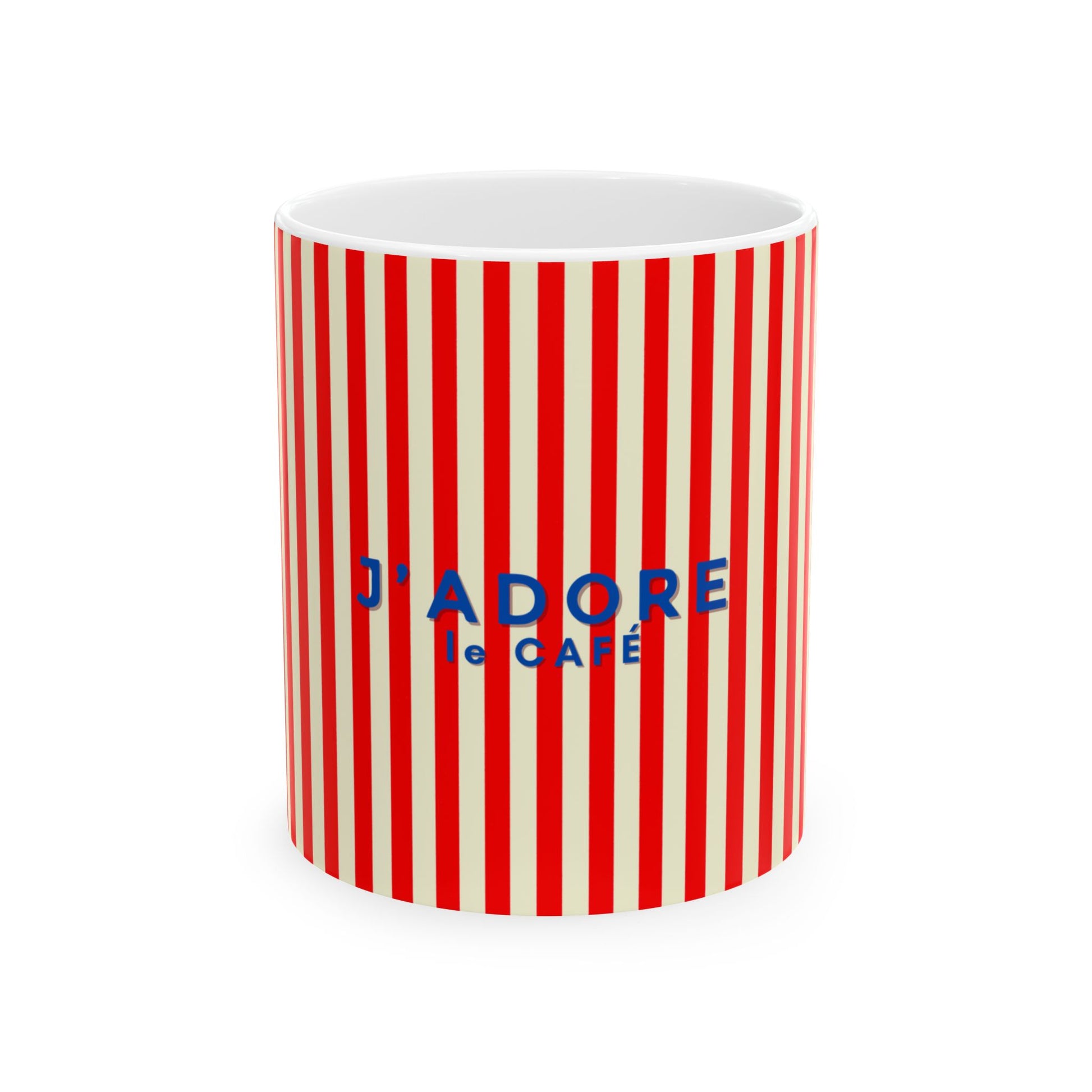 Mug with red and white striped pattern and 'J'adore le Cafe' text on a white background