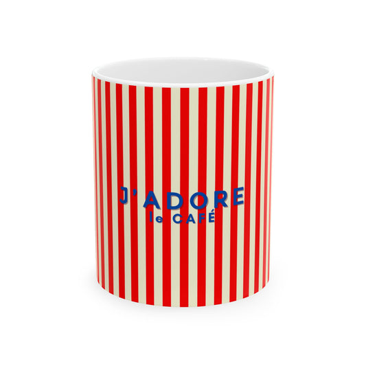 Mug with red and white striped pattern and 'J'adore le Cafe' text on a white background