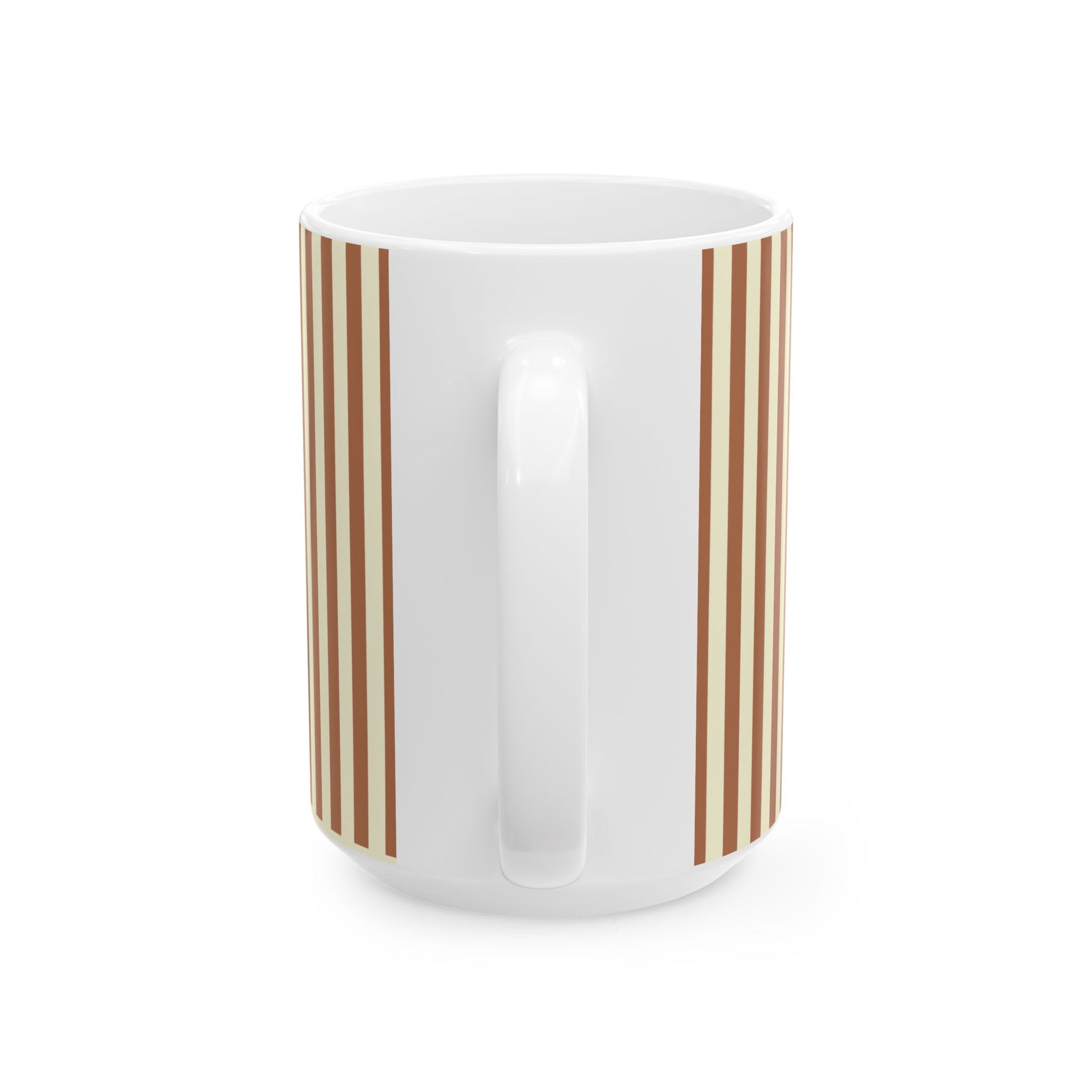 White mug with gold stripes on a white background