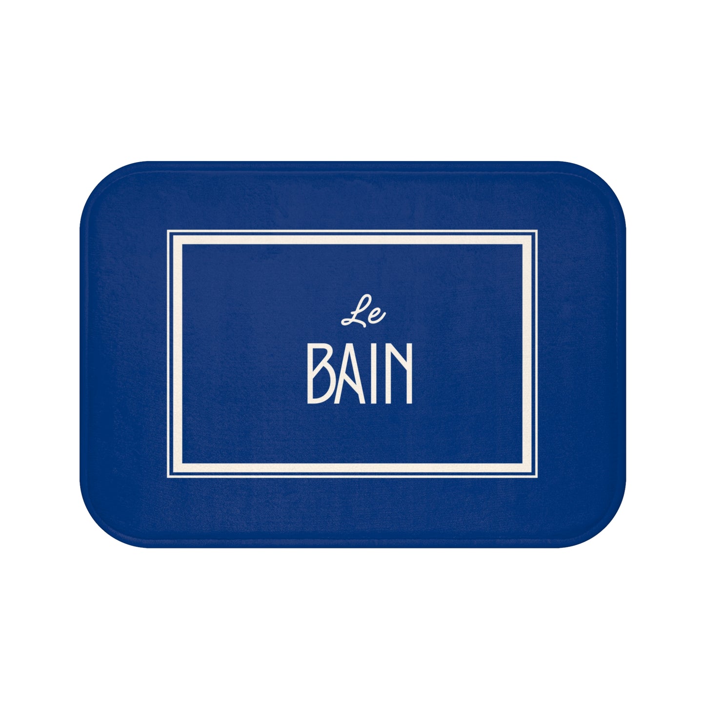 Blue bath mat with 'Le Bain' text on a white background