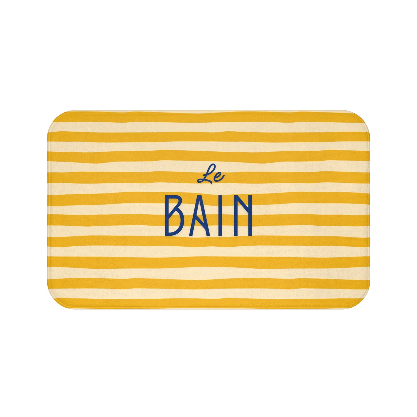 Yellow and white striped bath mat with 'Le Bain' text on a white background