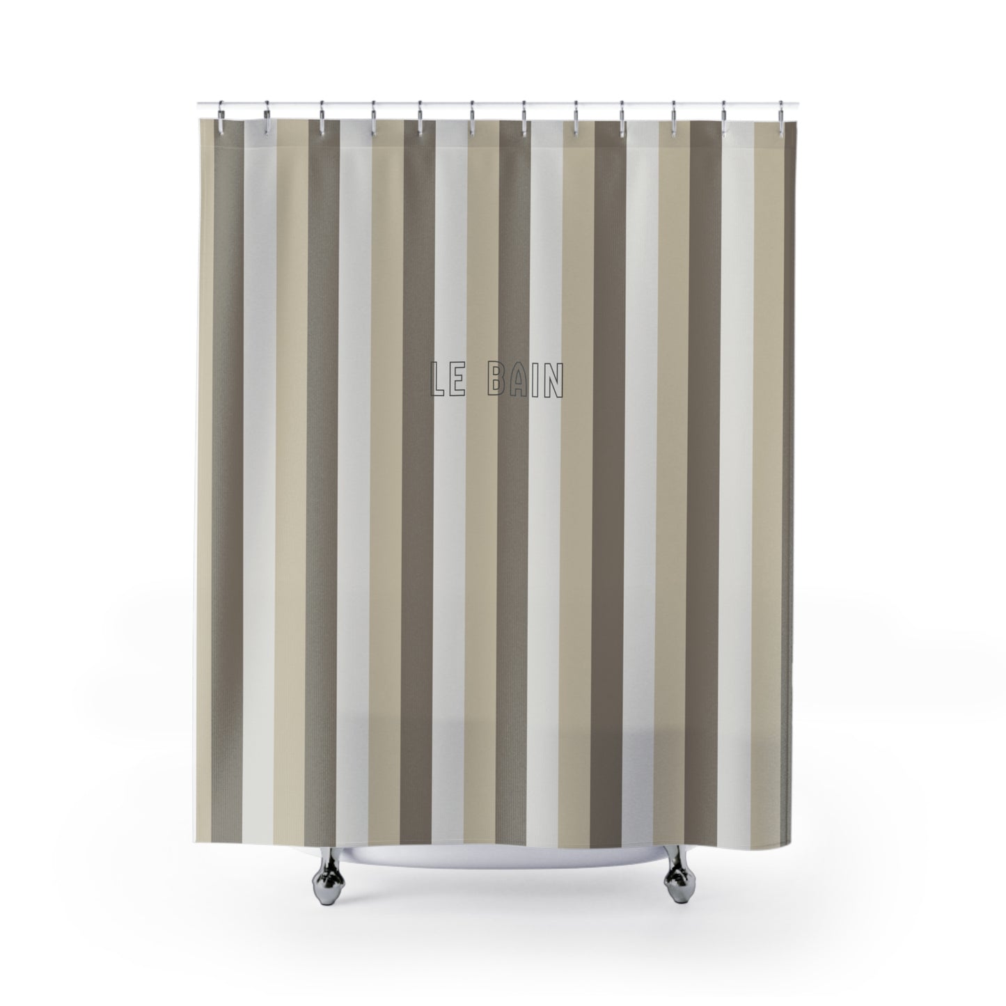 Striped shower curtain with 'LE BAIN' text on a white background