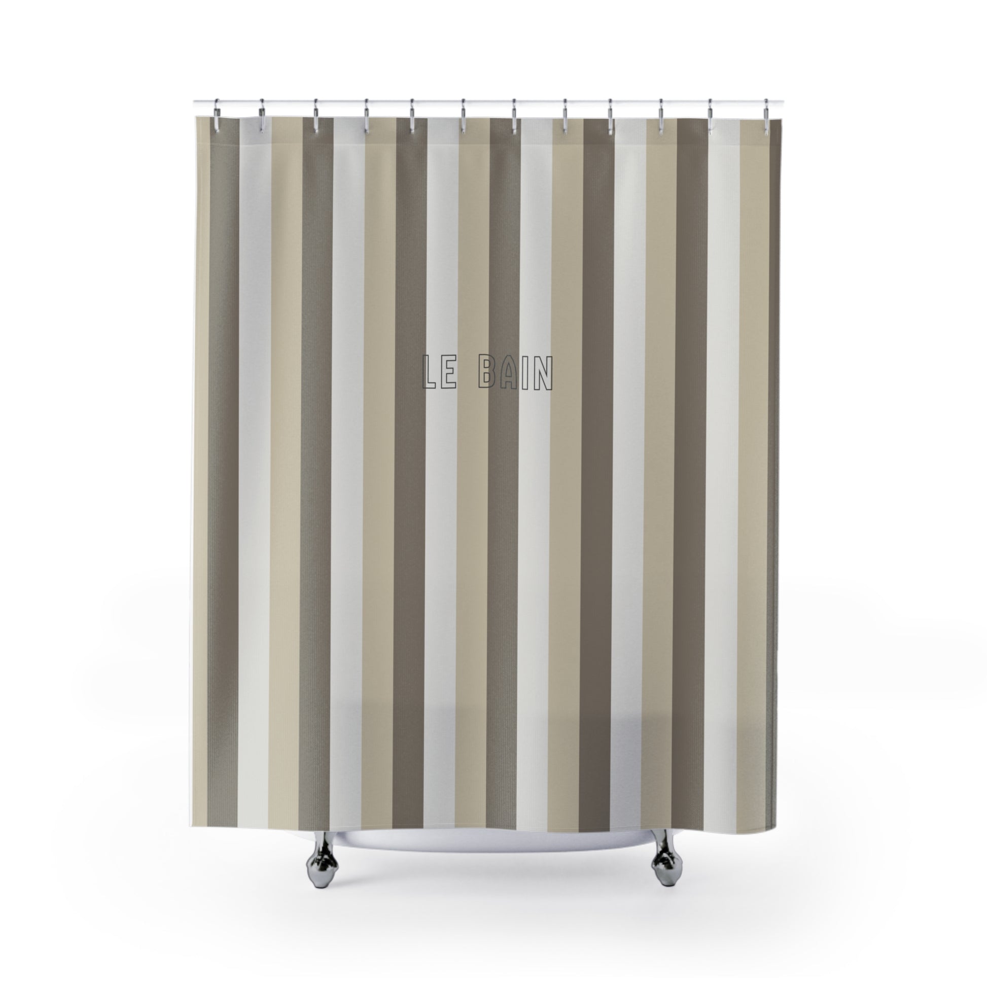 Striped shower curtain with 'LE BAIN' text on a white background