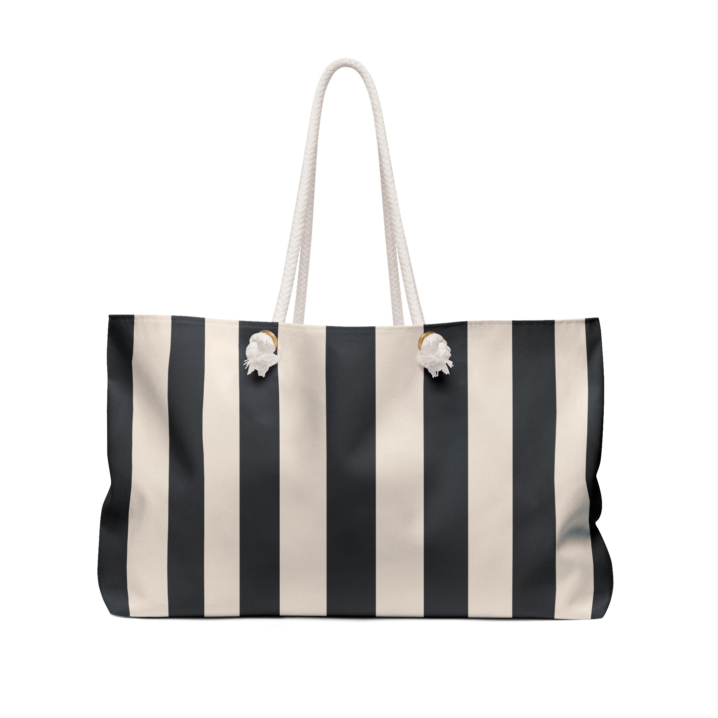 Black and white striped bag with a handle on a white background