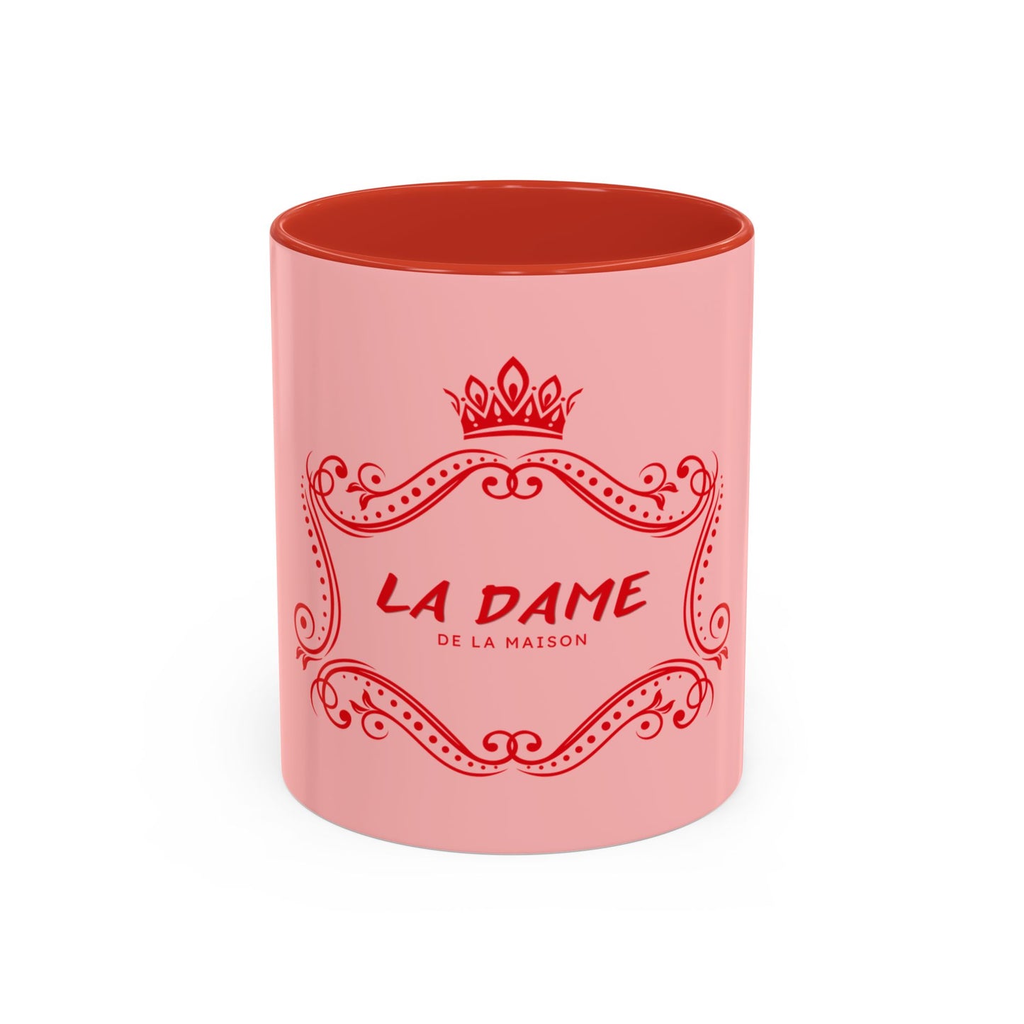 Pink mug with red interior and 'La Dame de la Maison' text on a white background