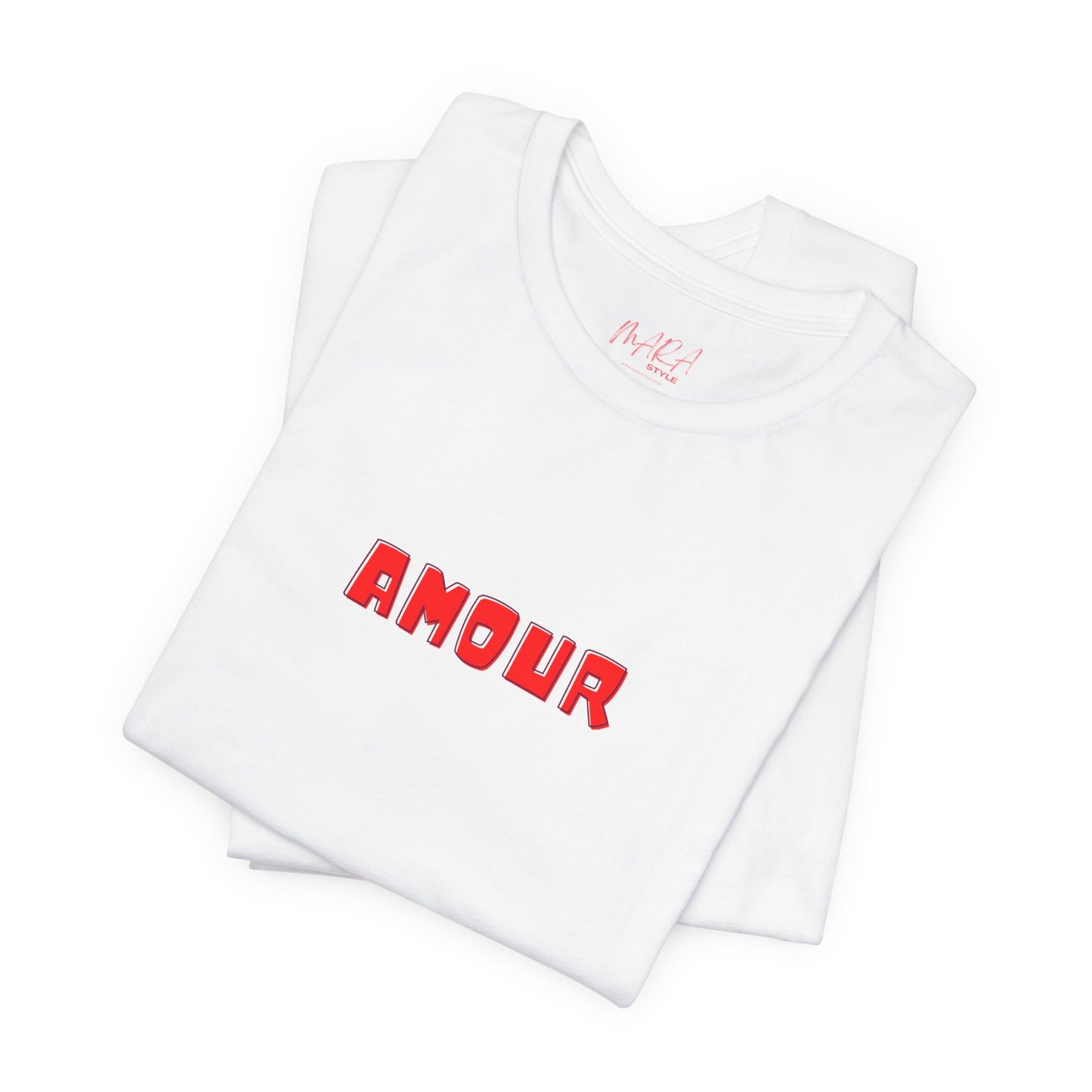 White towels with 'AMOUR' printed in red on a white background