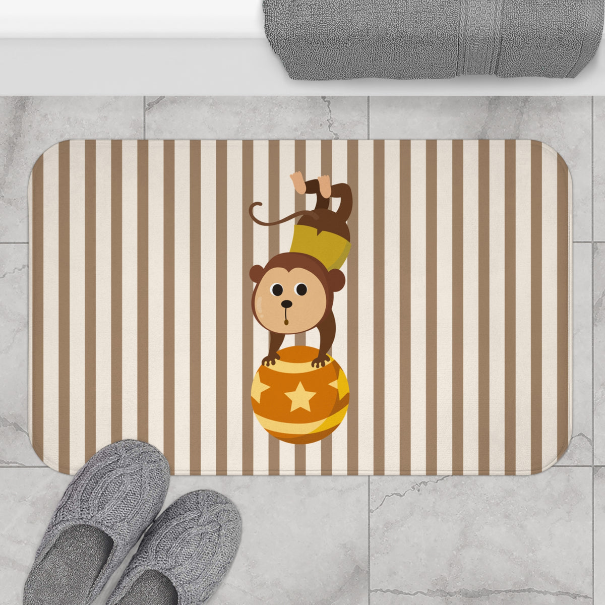 Circus Monkey Bath Mat with Striped Nursery Design