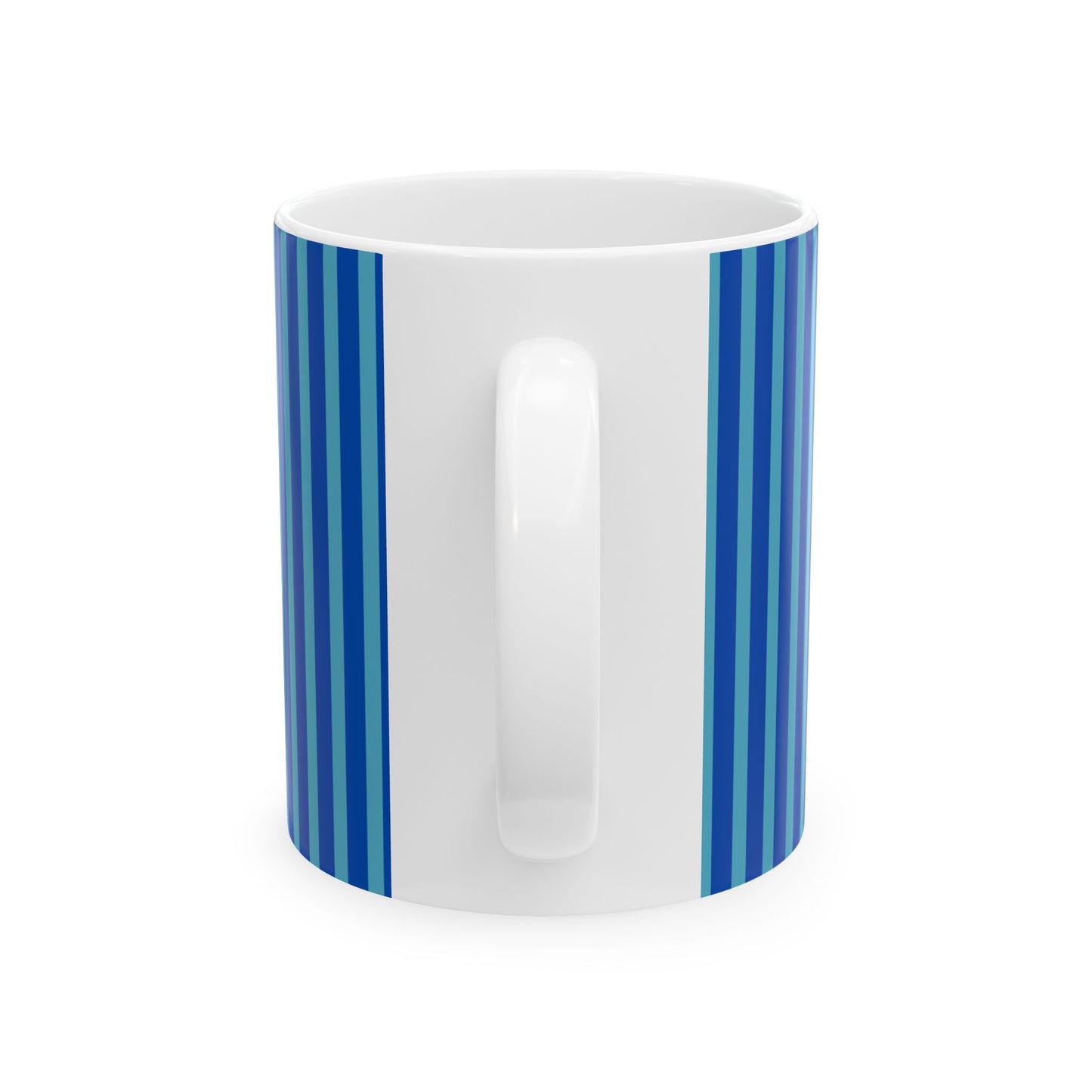 A white ceramic mug with a handle, decorated with vertical blue stripes on both sides, shown against a plain white background.