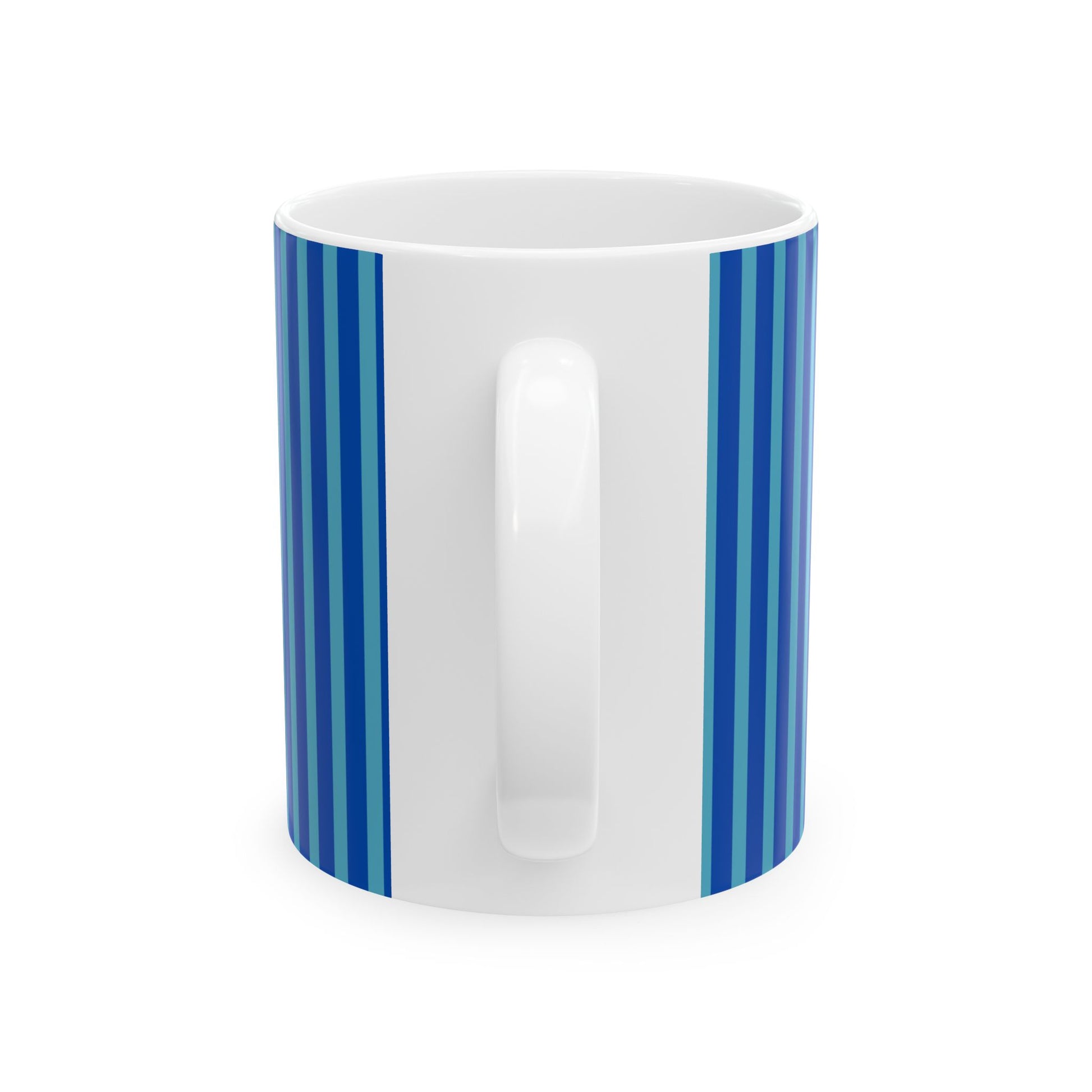 A white ceramic mug with a handle, decorated with vertical blue stripes on both sides, shown against a plain white background.