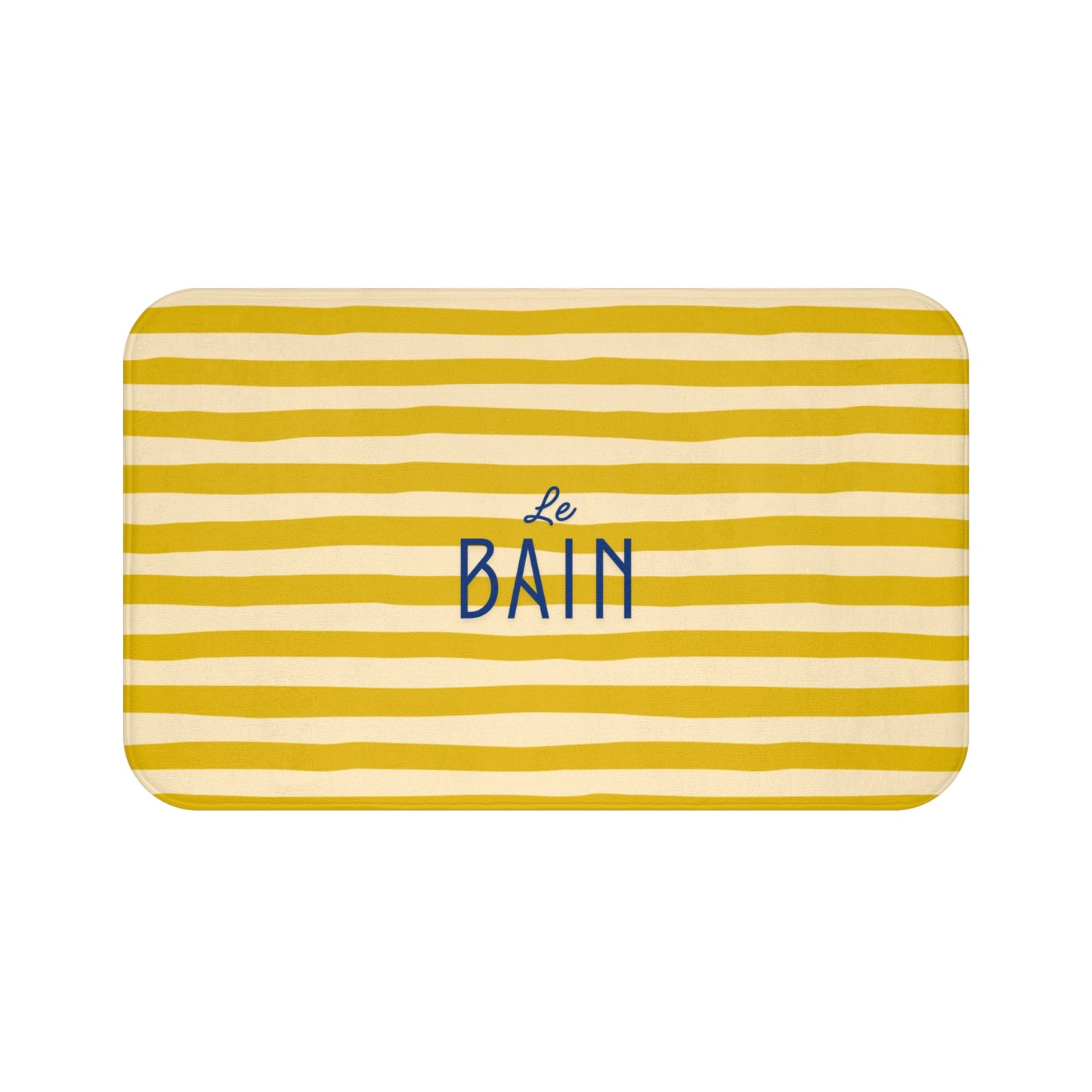 Yellow striped bath mat with 'Le Bain' text on a white background