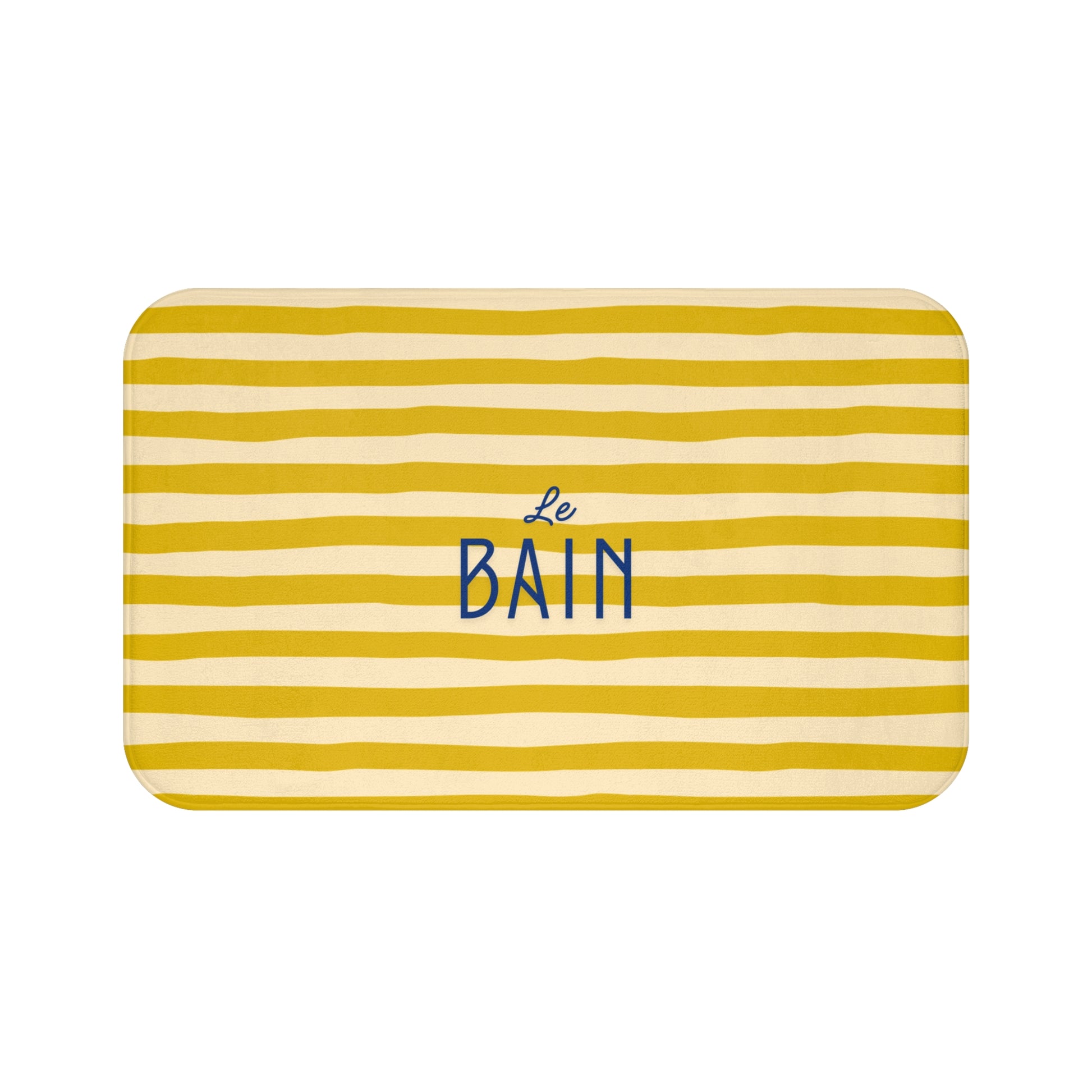 Yellow striped bath mat with 'Le Bain' text on a white background