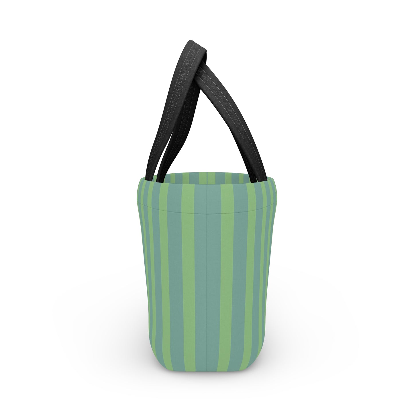 Striped bucket bag with green and purple vertical stripes on a white background