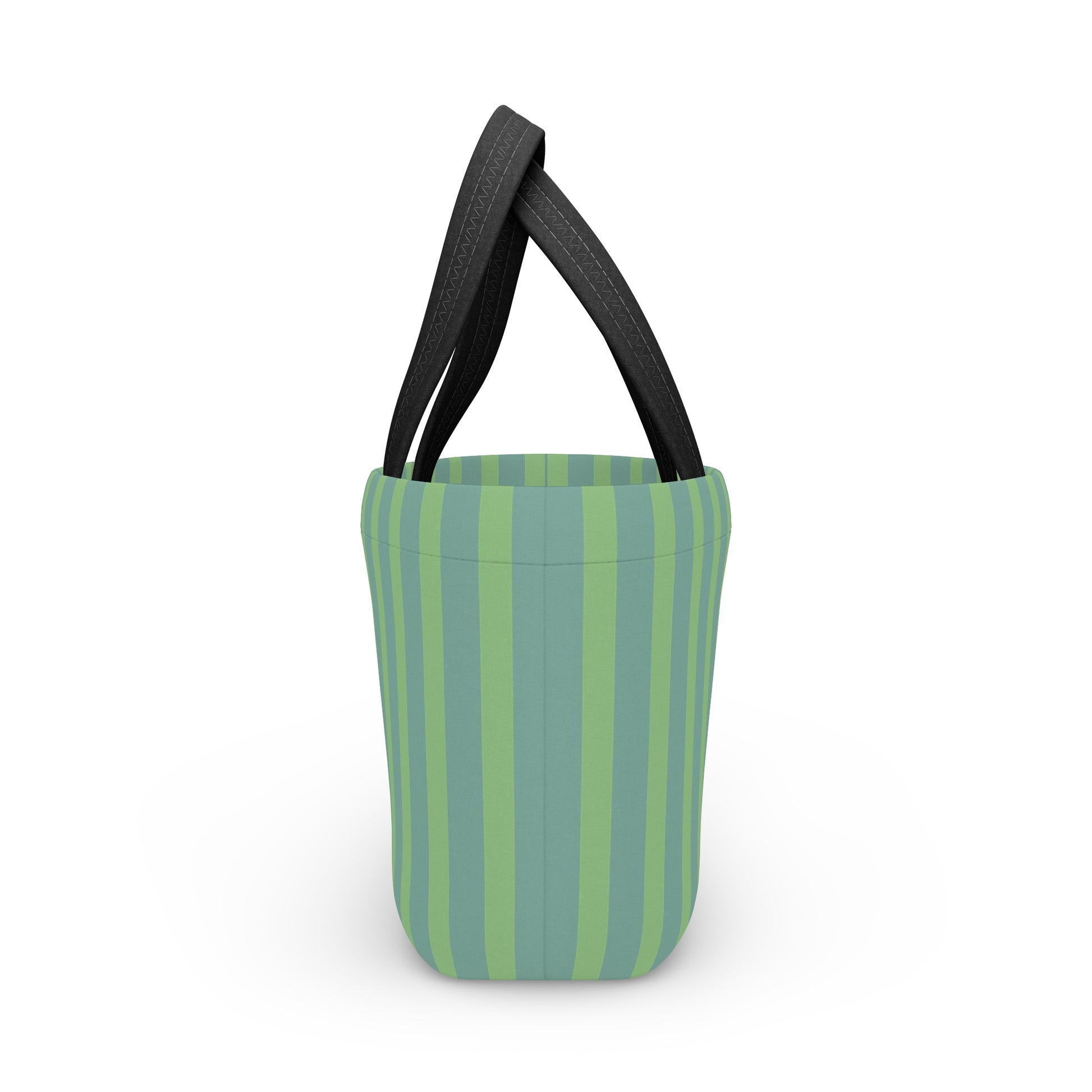 Striped bucket bag with green and purple vertical stripes on a white background