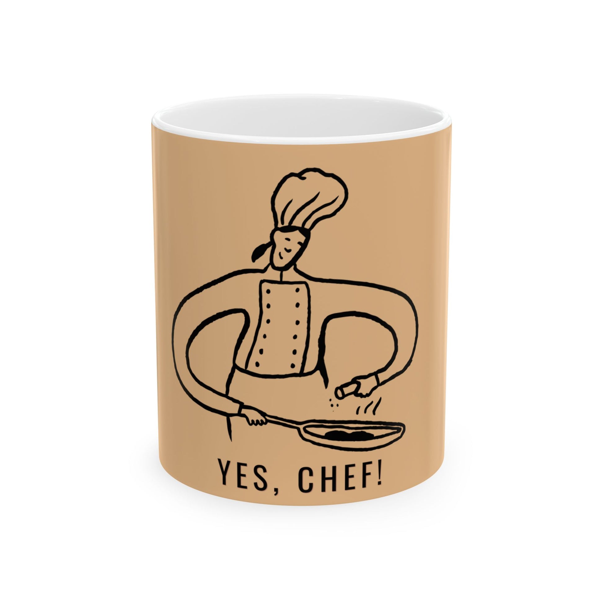 Mug with a chef illustration and 'YES, CHEF!' text on a white background