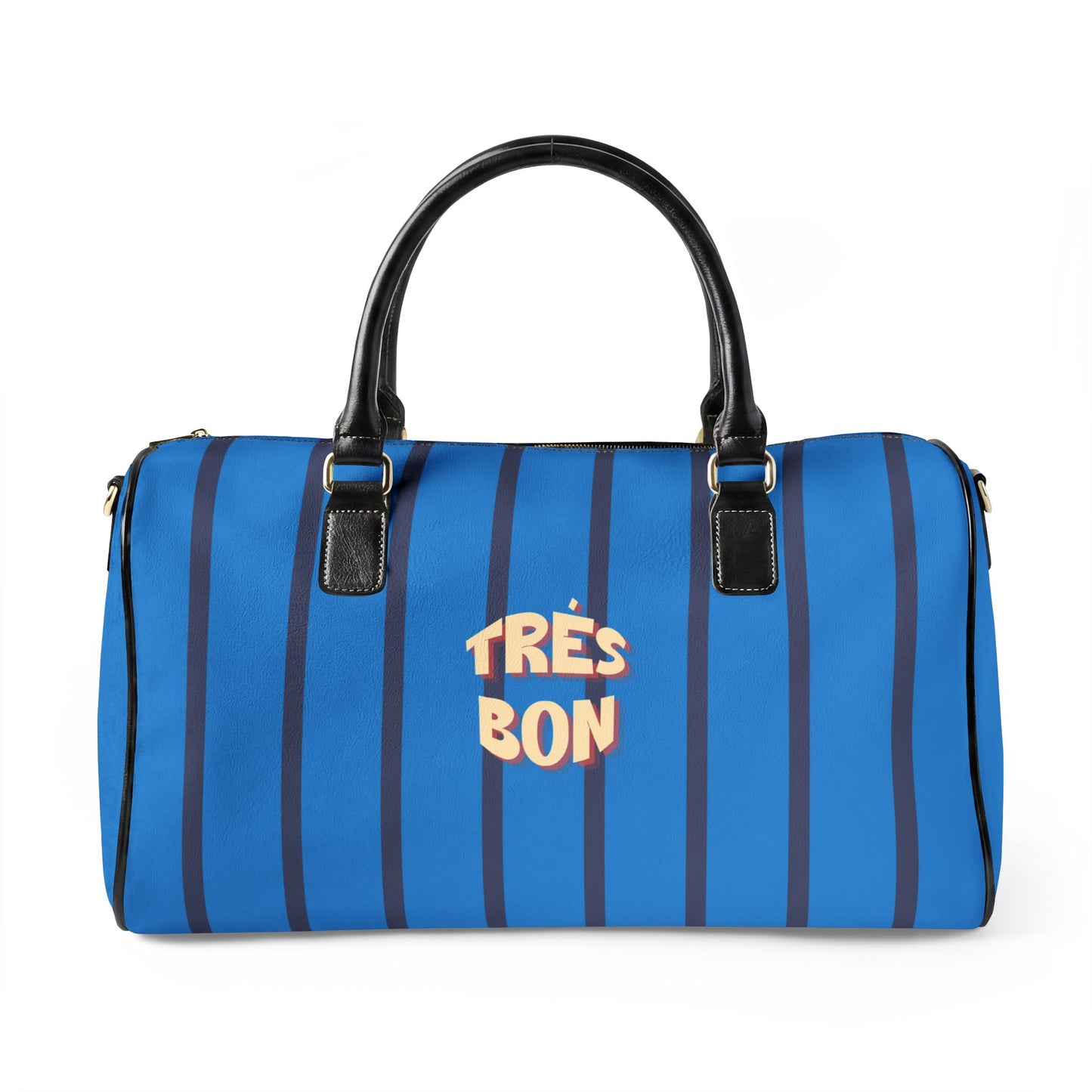 Blue striped duffel bag with 'Trés Bon' text on a white background