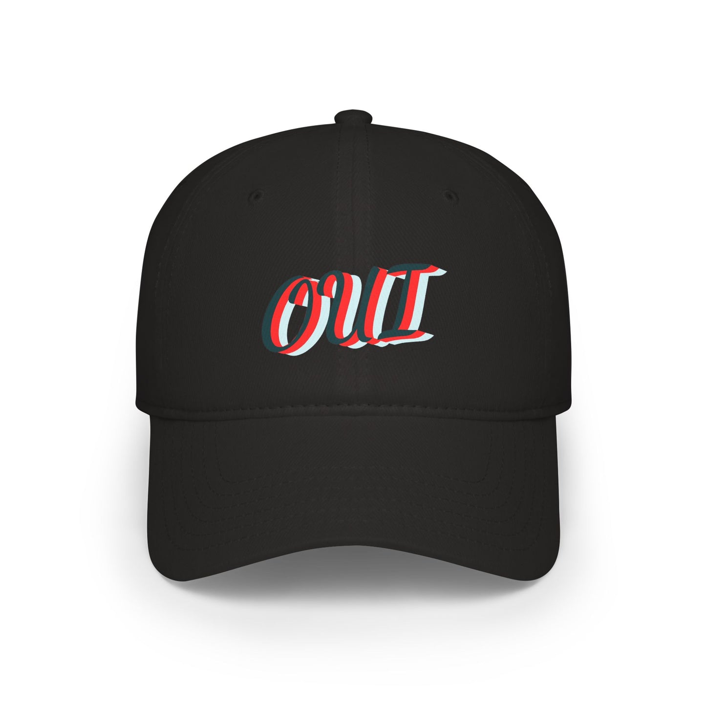 Black cap wiith  OUI text on a white background
