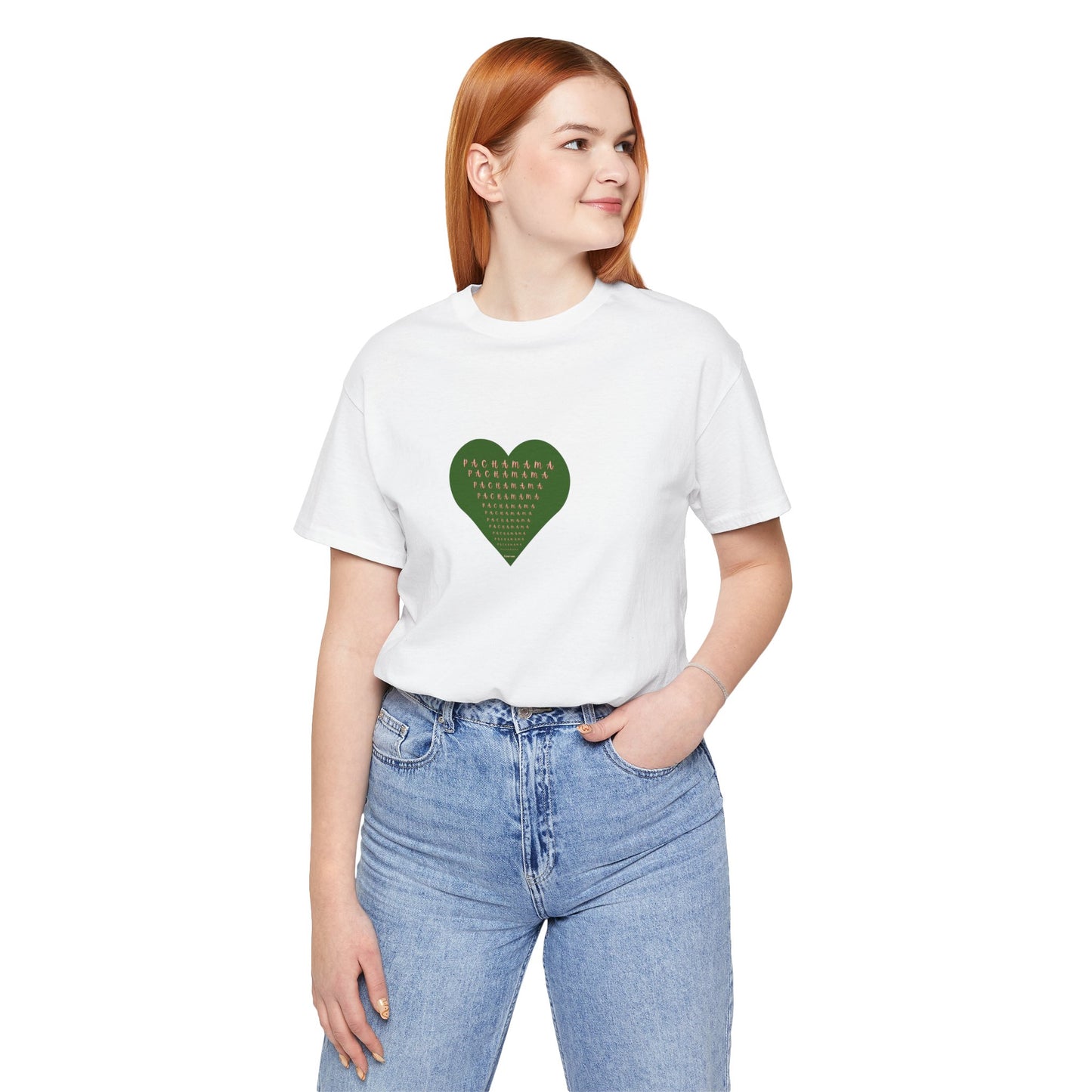 Person wearing a white t-shirt with a green heart design on a white background