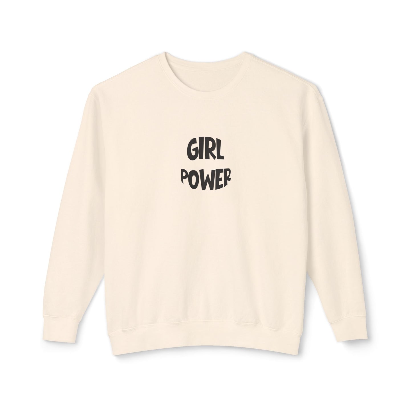 Beige sweatshirt with 'Girl Power' text on a white background