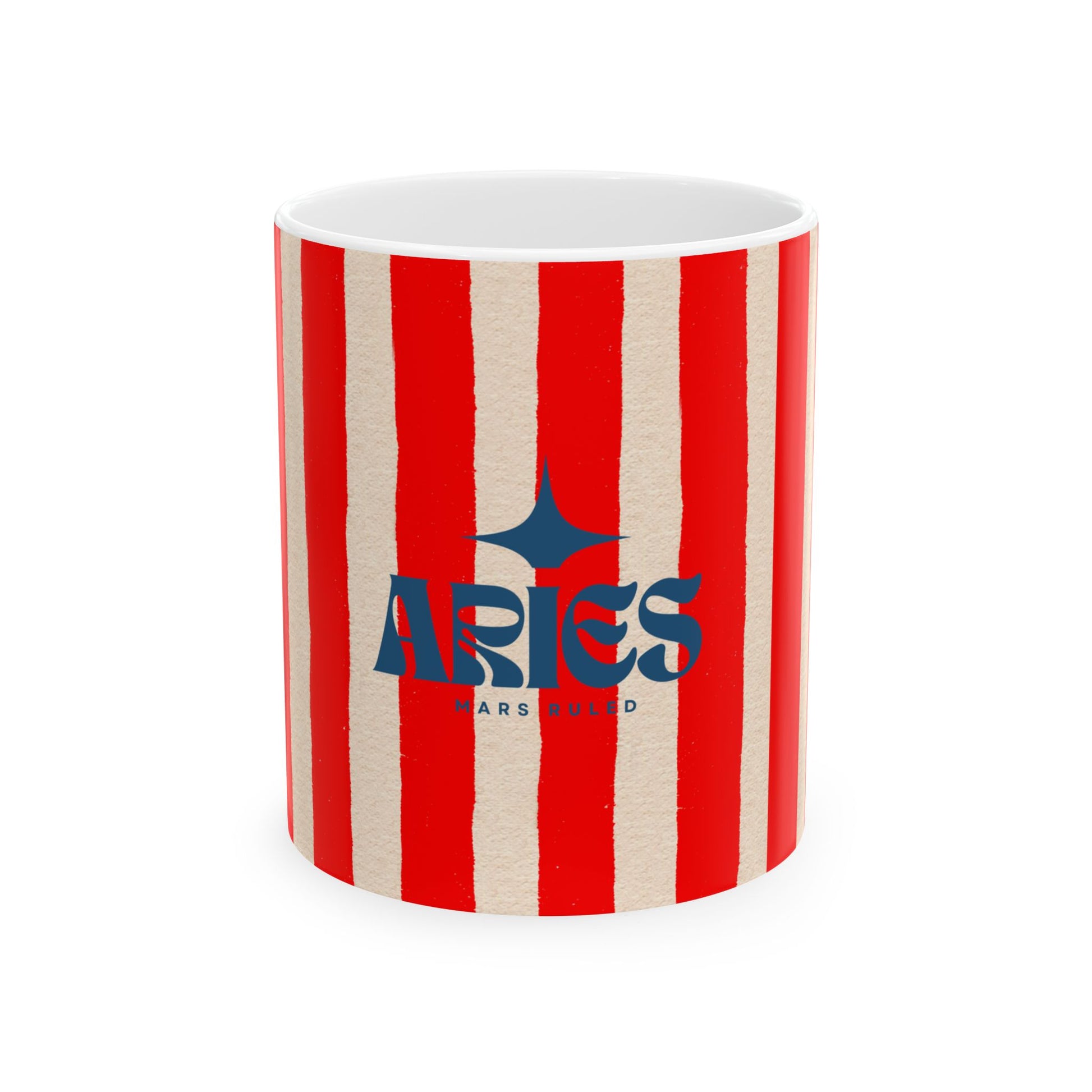 Mug with red and white striped pattern and 'ARIES' branding on a white background