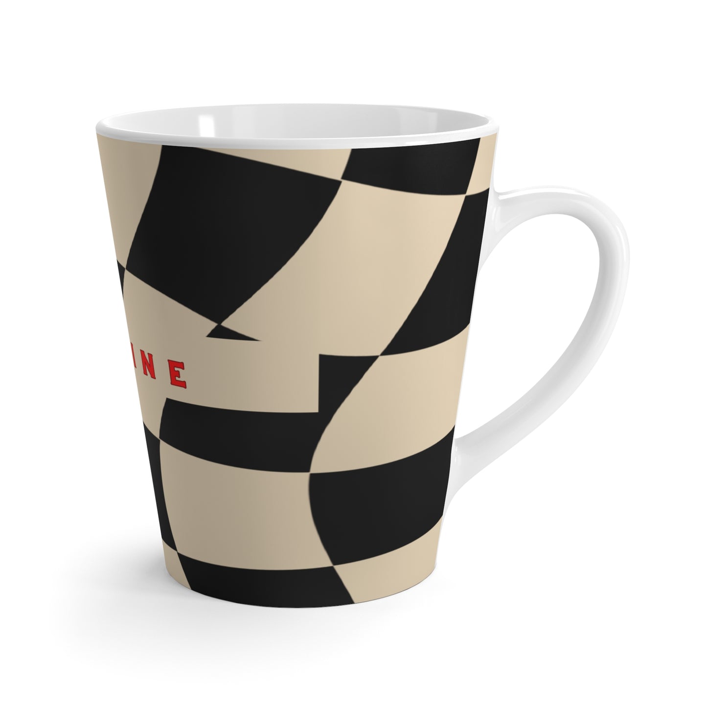 Mug with black and beige checkered pattern on a white background