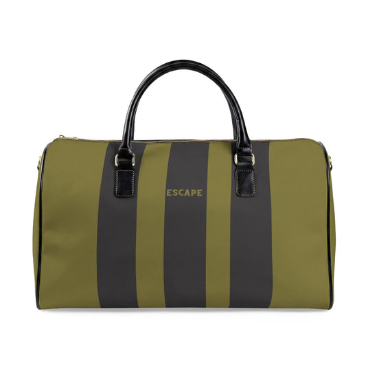 Green and black striped duffel bag with 'Escape' branding on a white background