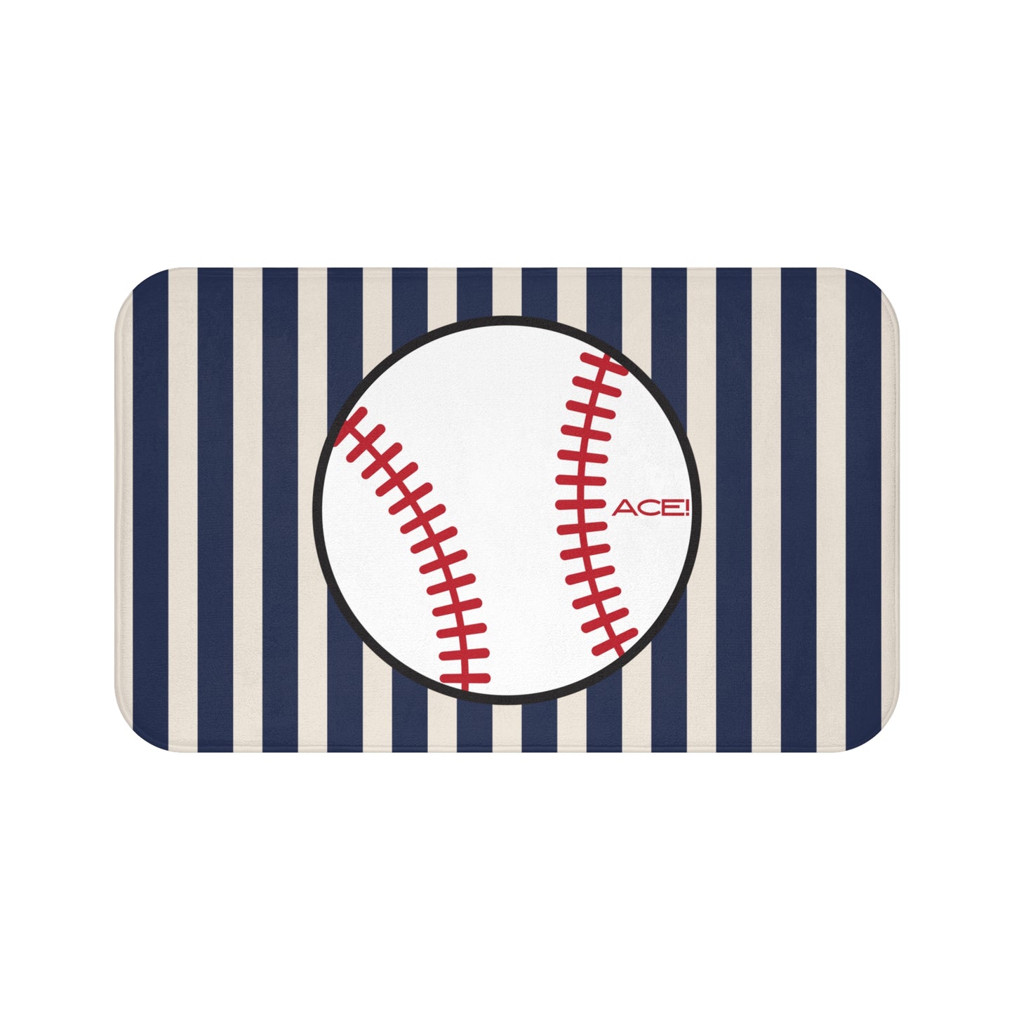 Rectangular mat with a baseball design and striped pattern on a white background