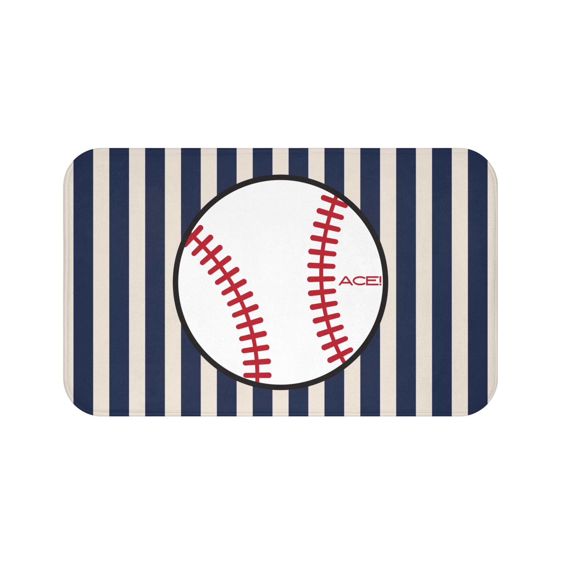 Rectangular mat with a baseball design and striped pattern on a white background