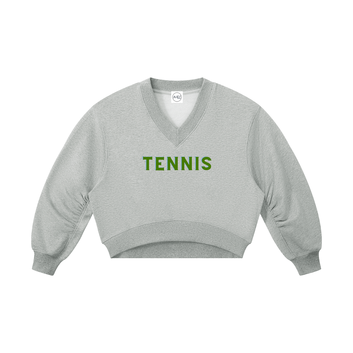 A light gray heather cropped V-neck sweatshirt with 'TENNIS' printed in green across the chest, displayed on a solid white background.