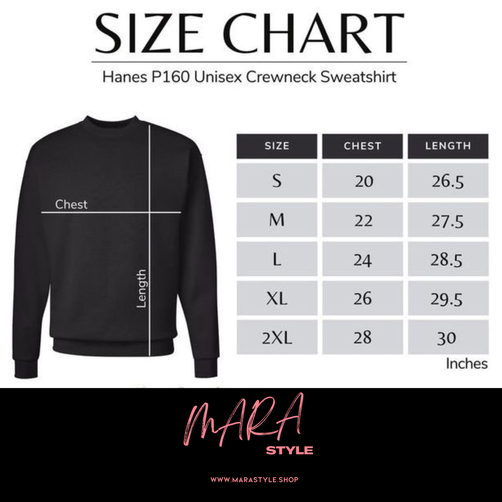 Size chart for Hanes P160 Unisex Crewneck Sweatshirt with a black sweatshirt on a white background.
