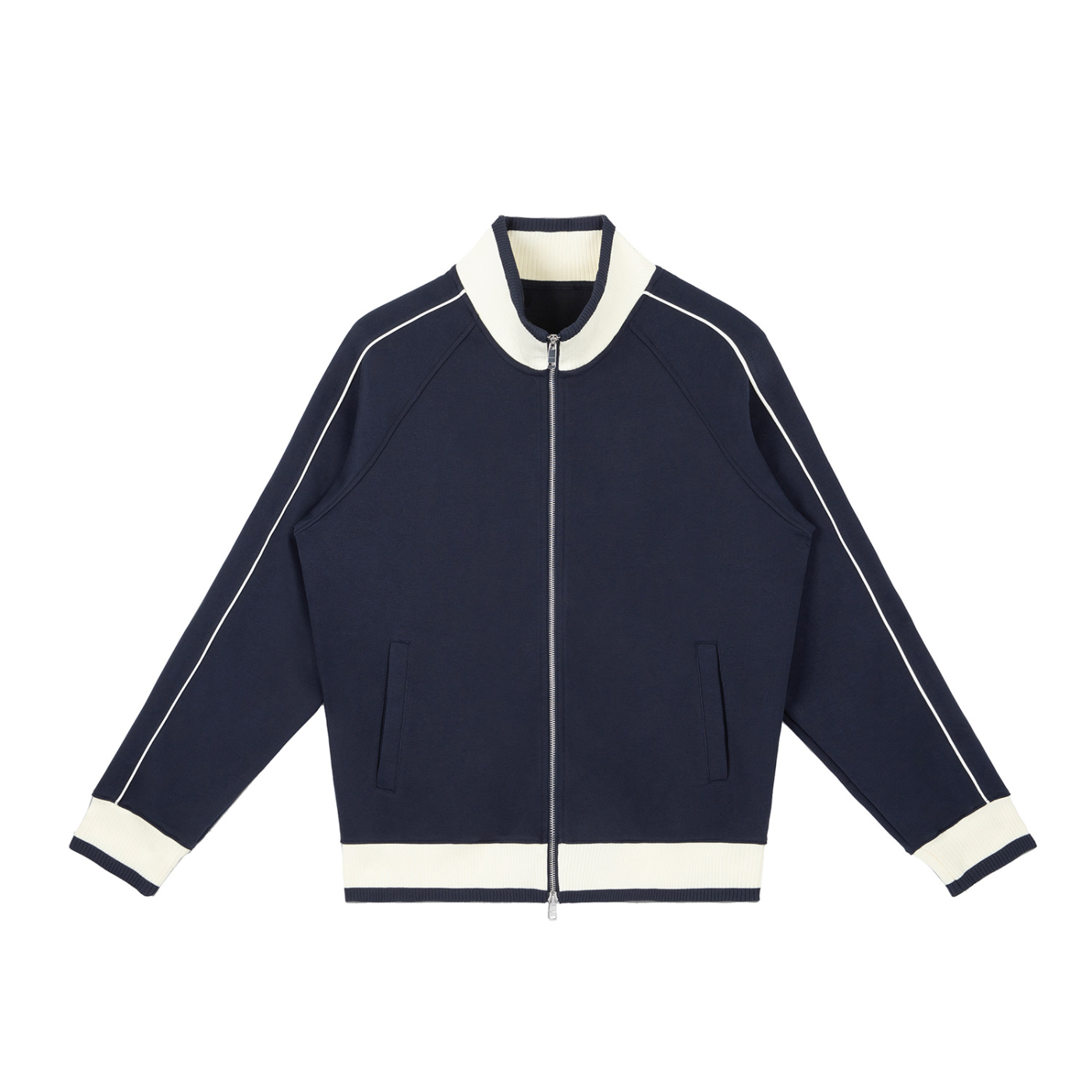 Navy jacket with white accents on a white background