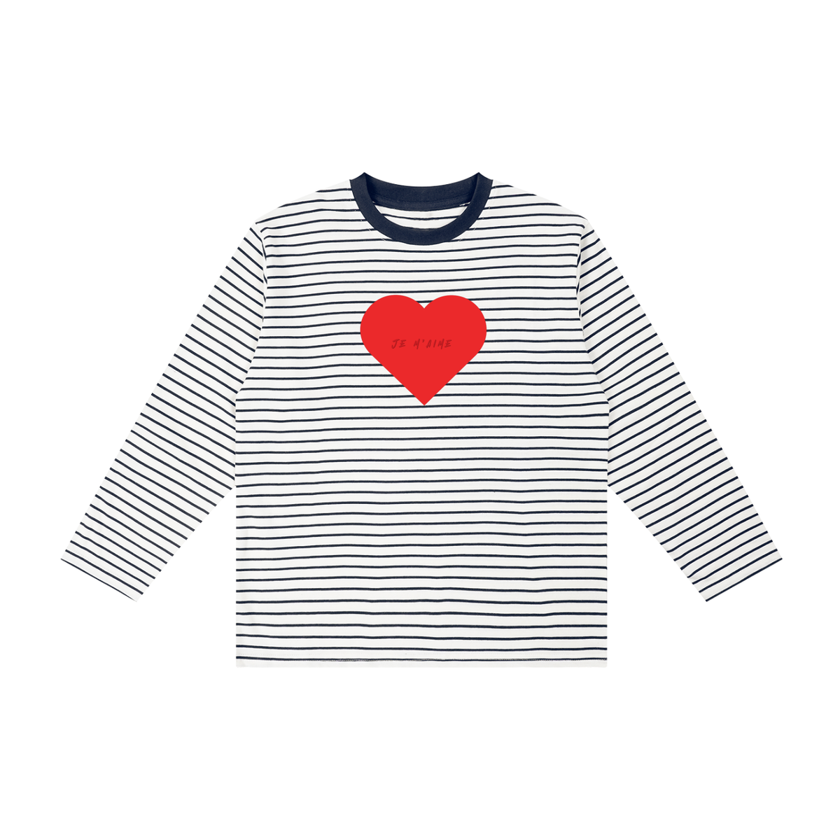 A long-sleeve children's shirt with thin navy and white horizontal stripes, featuring a red heart on the chest with the text 'Je t'aime' in French, displayed on a solid white background.