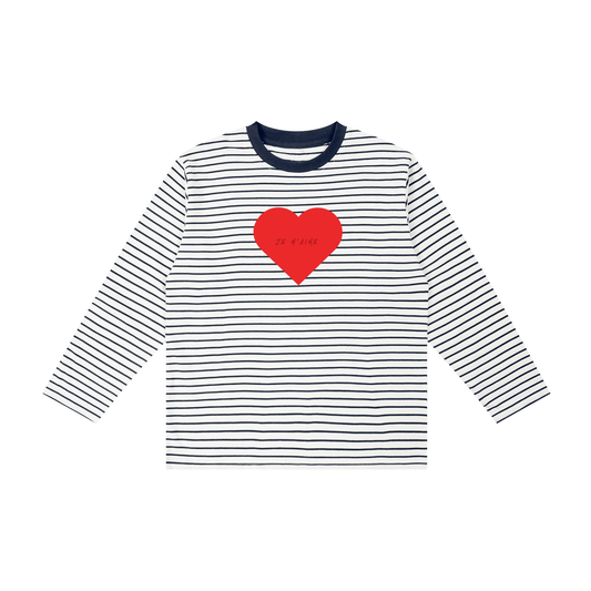 A long-sleeve children's shirt with thin navy and white horizontal stripes, featuring a red heart on the chest with the text 'Je t'aime' in French, displayed on a solid white background.