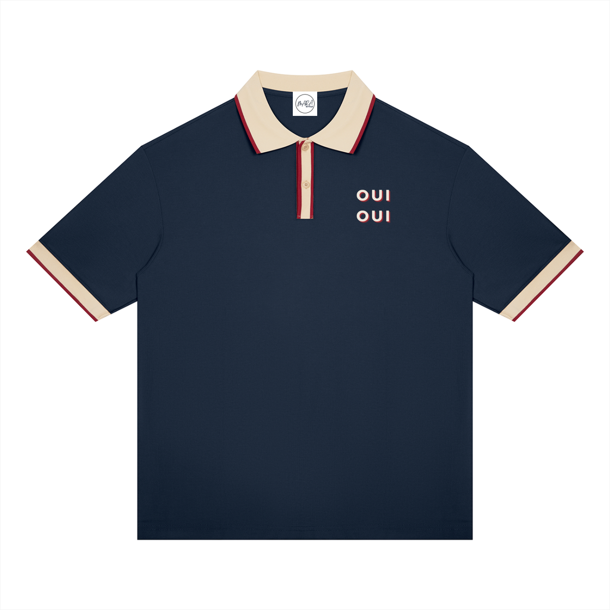 A navy blue short-sleeve polo shirt with a cream collar and sleeve cuffs, accented by thin red stripes. The chest features the text 'OUI OUI' printed in cream with a red outline.