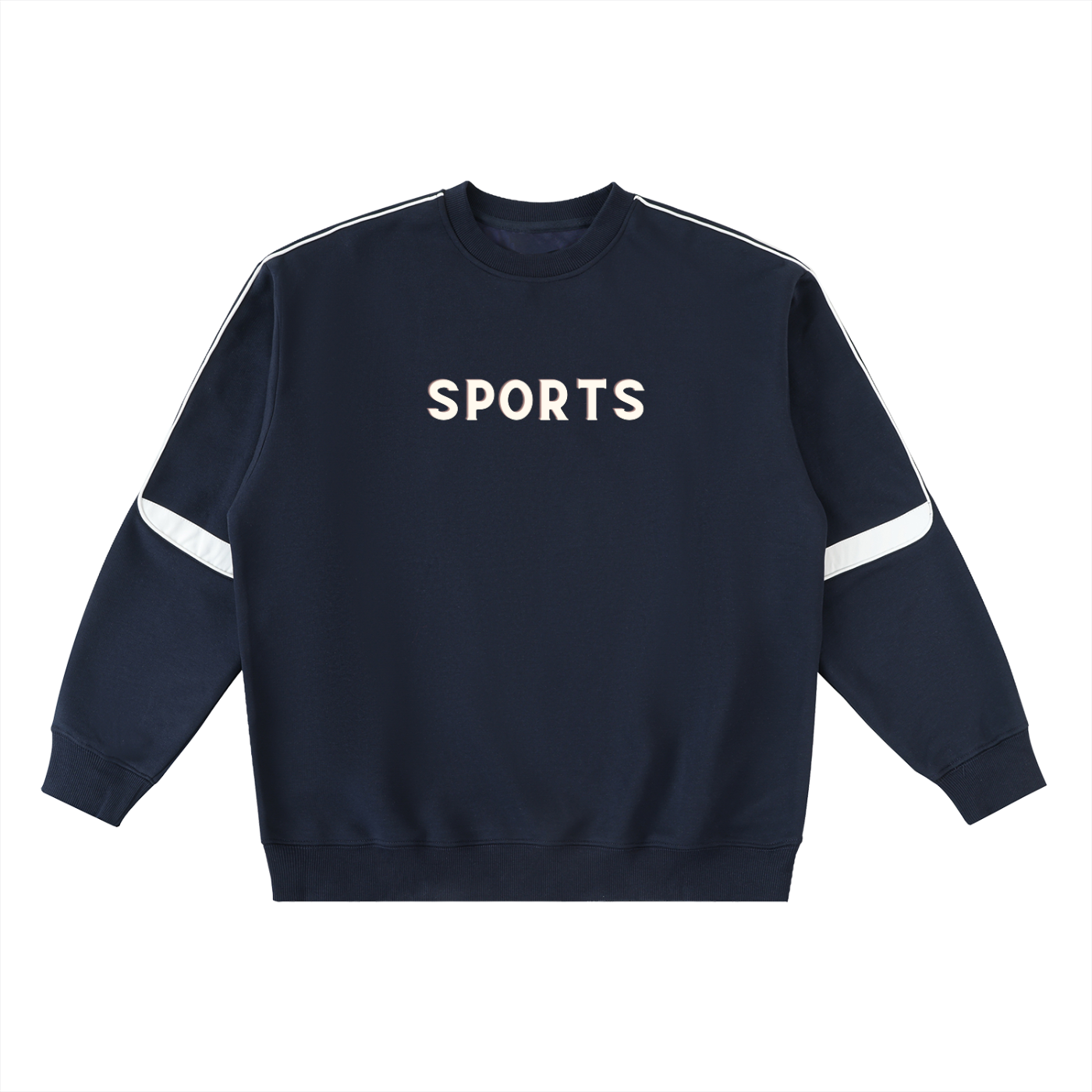 Navy blue sweatshirt with white stripes and 'SPORTS' logo on a white background