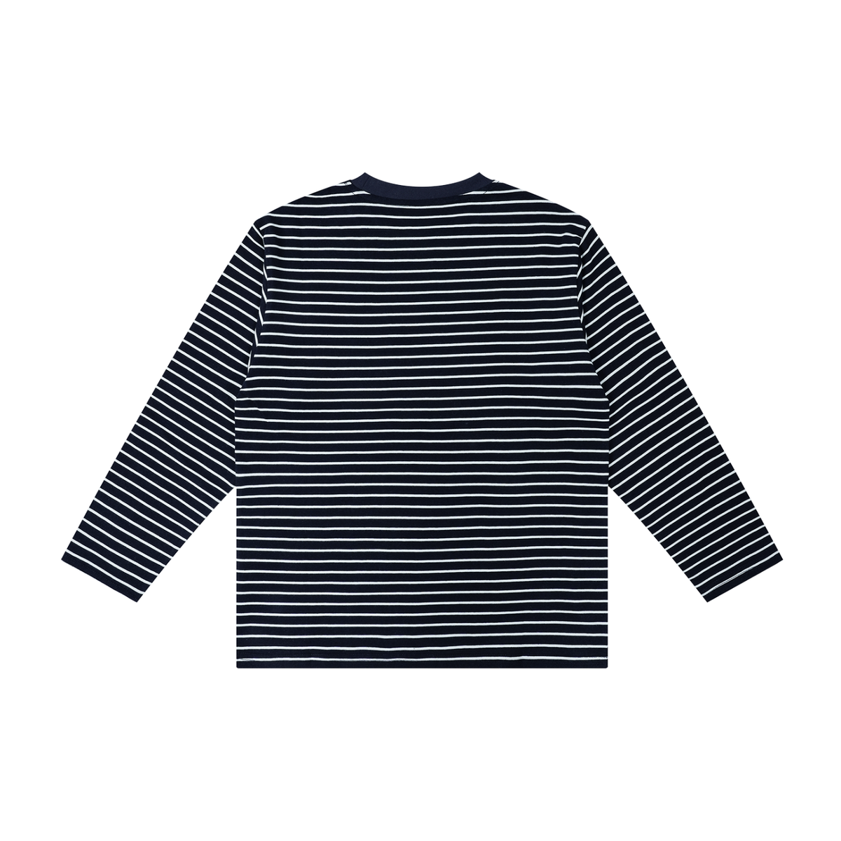 Navy and white striped long-sleeve shirt on a white background