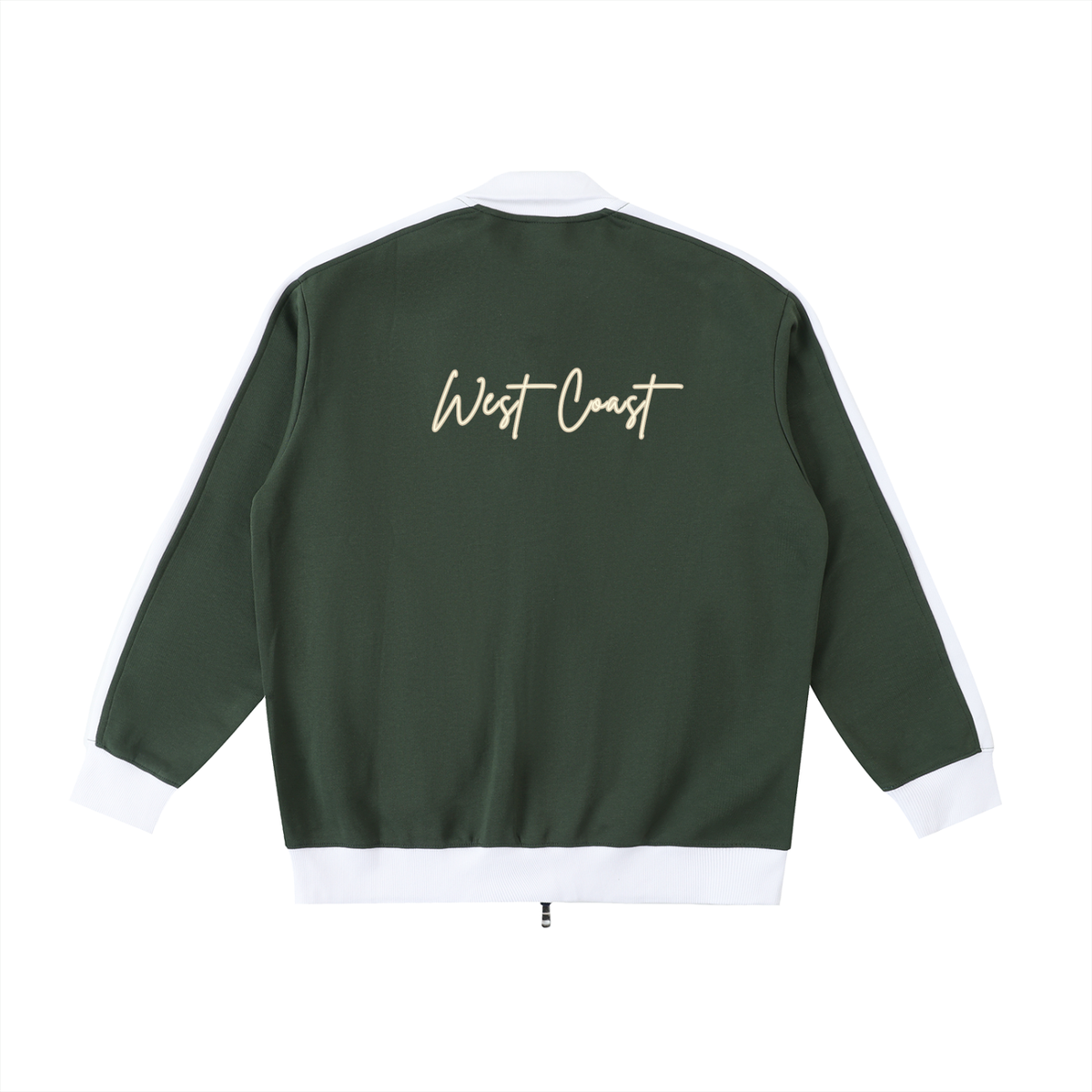 A dark green bomber jacket shown from the back, featuring white ribbed trim at the collar, cuffs, and hem, with 'West Coast' written in white script across the upper back.