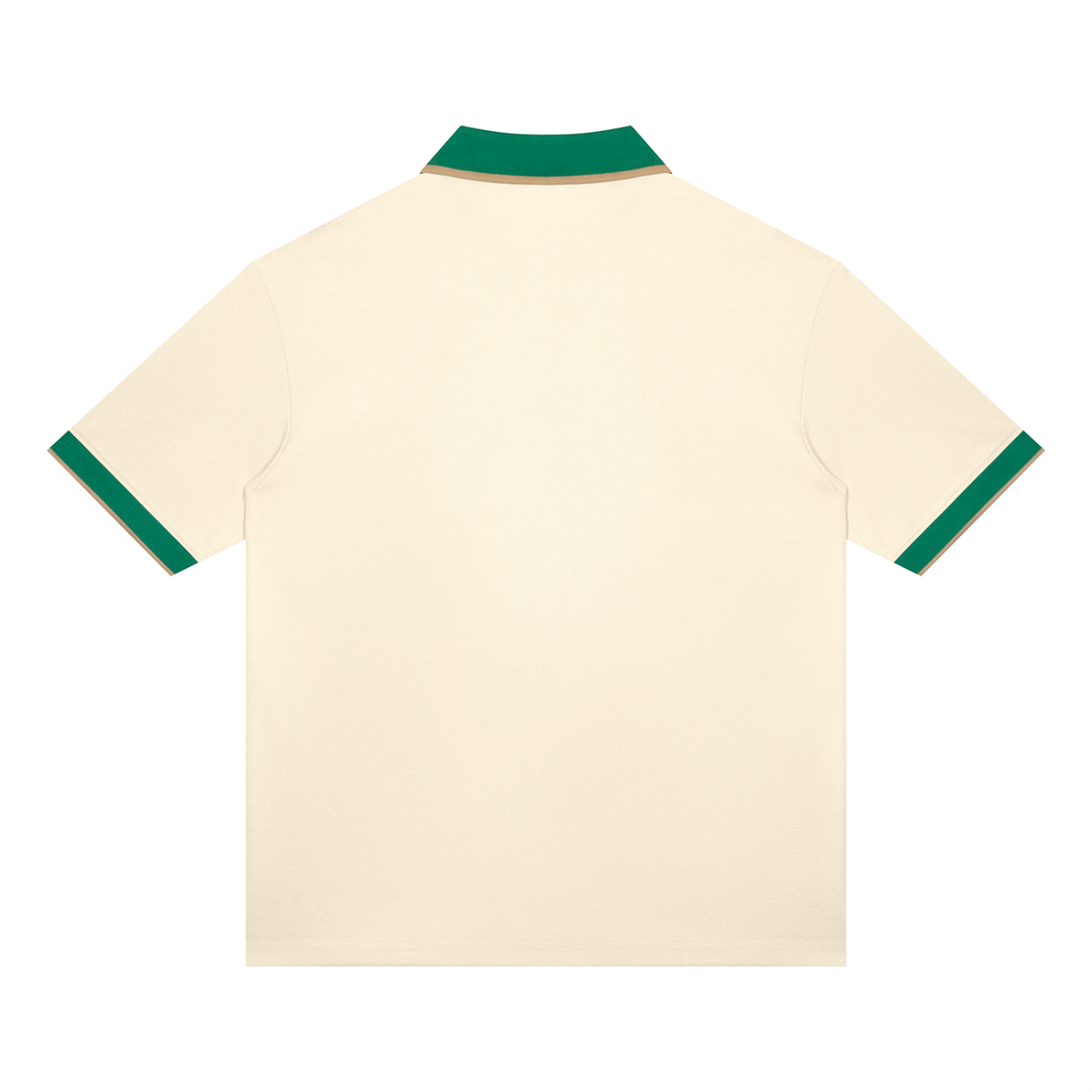 The back of a short-sleeve polo shirt in cream with dark green trim on the collar and sleeve cuffs, shown on a plain white background.
