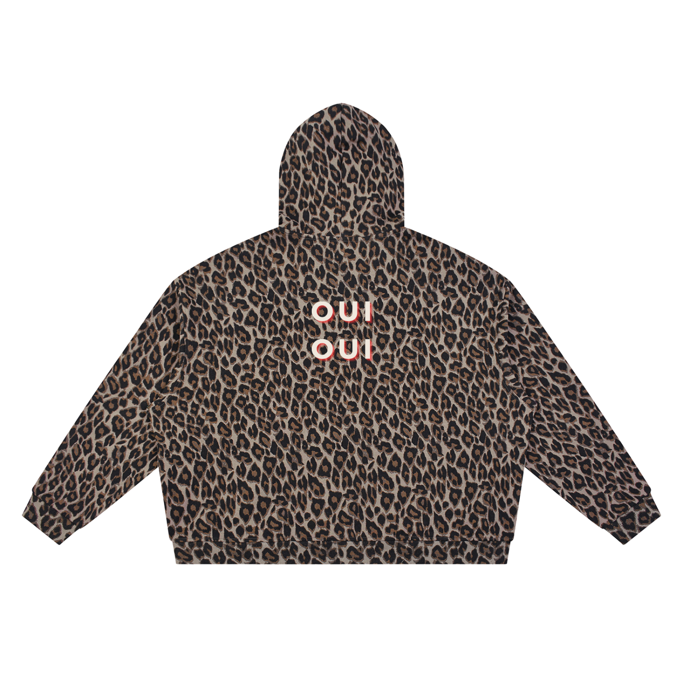 A cropped hoodie with a brown and black leopard print pattern, featuring the word 'OUI OUI' printed in white with a red outline on the back.