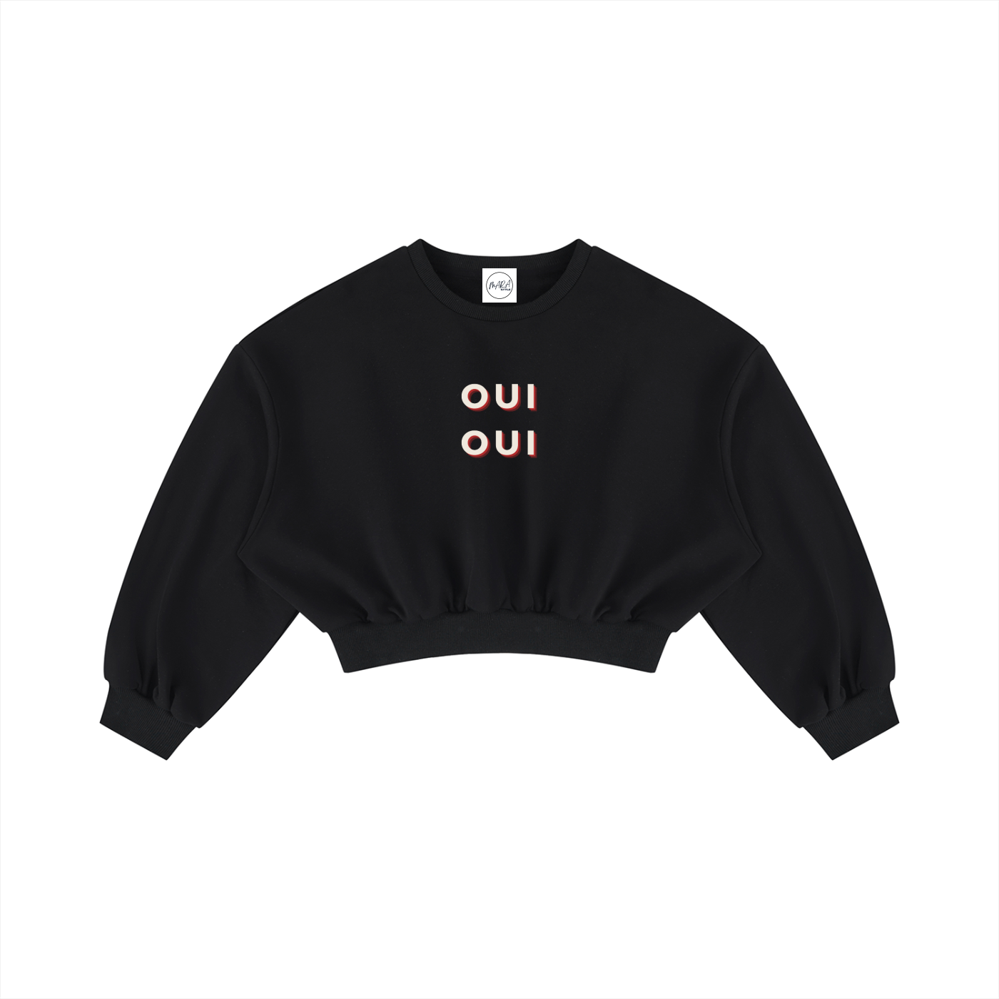 A black cropped crewneck sweatshirt with 'OUI' printed in a peach-pink color on the chest, displayed flat against a solid white background.