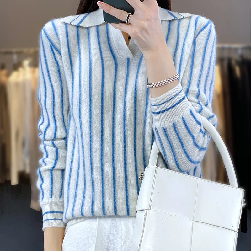 Retro Striped Women's Wool Pullover, Preppy Shirt