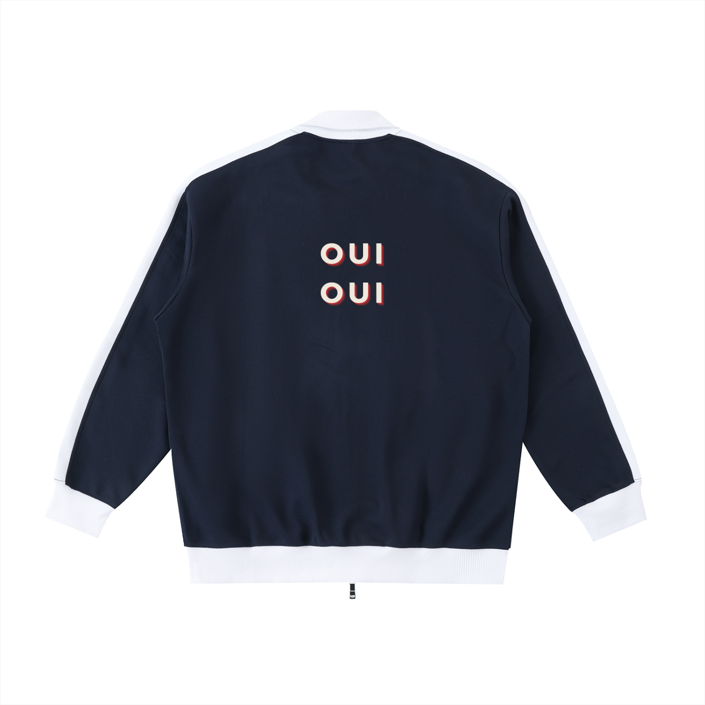 A navy blue bomber jacket shown from the back, featuring white ribbed collar, cuffs, and hem, with 'OUI OUI' printed in white and red on the upper back.