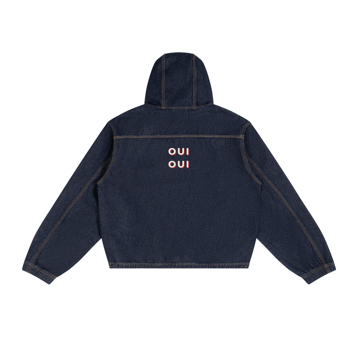 A dark navy blue hooded jacket shown from the back, featuring the word 'OUI' printed in a light pinkish-orange sans-serif font stacked vertically on the center back.